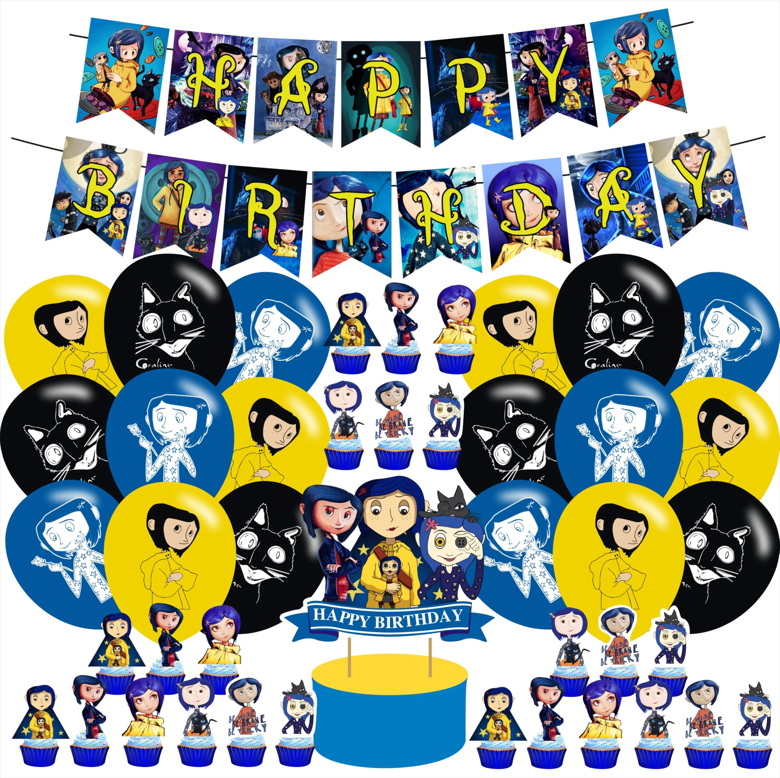 Coraliness Party Decorations,Birthday Party Supplies For Halloween Party Supplies Includes Banner - Cake Topper - 12 Cupcake Toppers - 18 Balloons - 50 Stickers