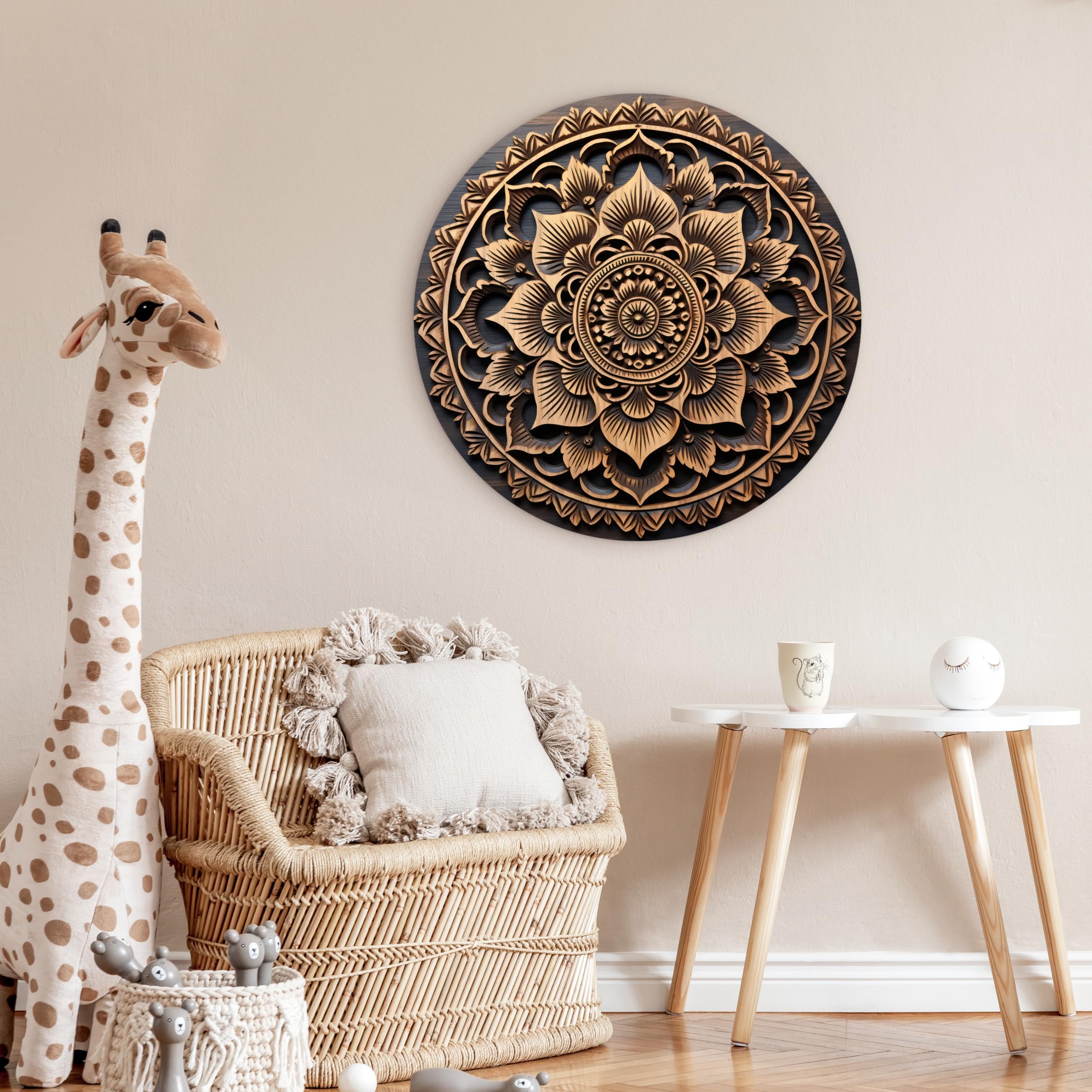 MuchoWow© Quadro Rotondo Ø90 cm Salotto Ufficio Cuadro Moderne Finestre Design Murale Bedroom Stanza Fiori Natura Soggiorni Grande Pareti Mandala - Legno - Marrone