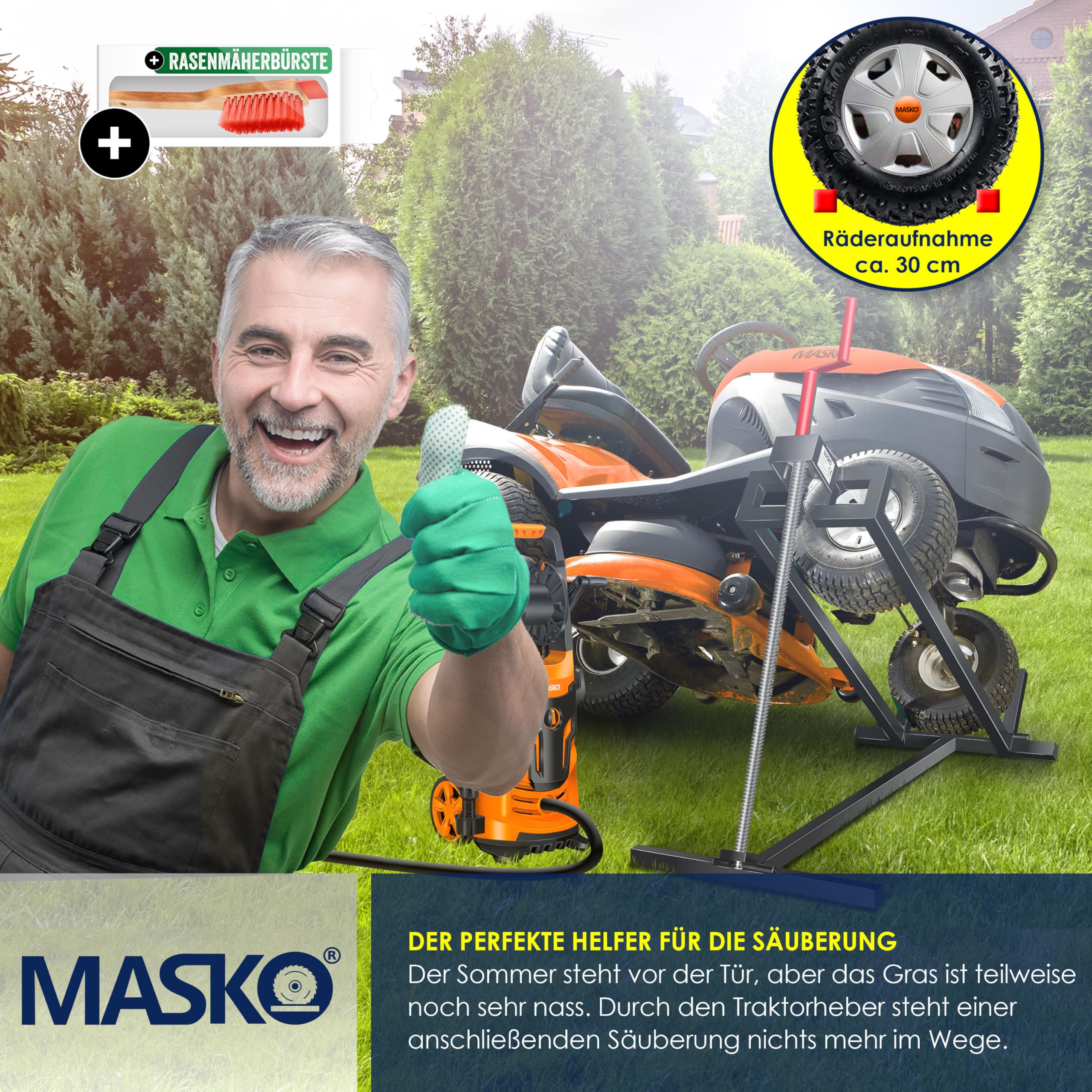 MASKO® XXL Rasentraktorheber 450 kg Hebevorrichtung Hebebühne Aufsitzmäher – Rasentraktor Heber, 45° verstellbar, universal Reinigungshilfe mit Zubehör, Schwarz