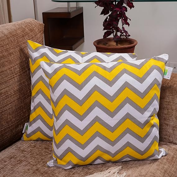 HOMEMONDE Throw Cushion Covers Premium Cotton Square Pillow Cover Printed Pillowcases Set of 2 (Yellow Chevron, 16 x 16 Inches)