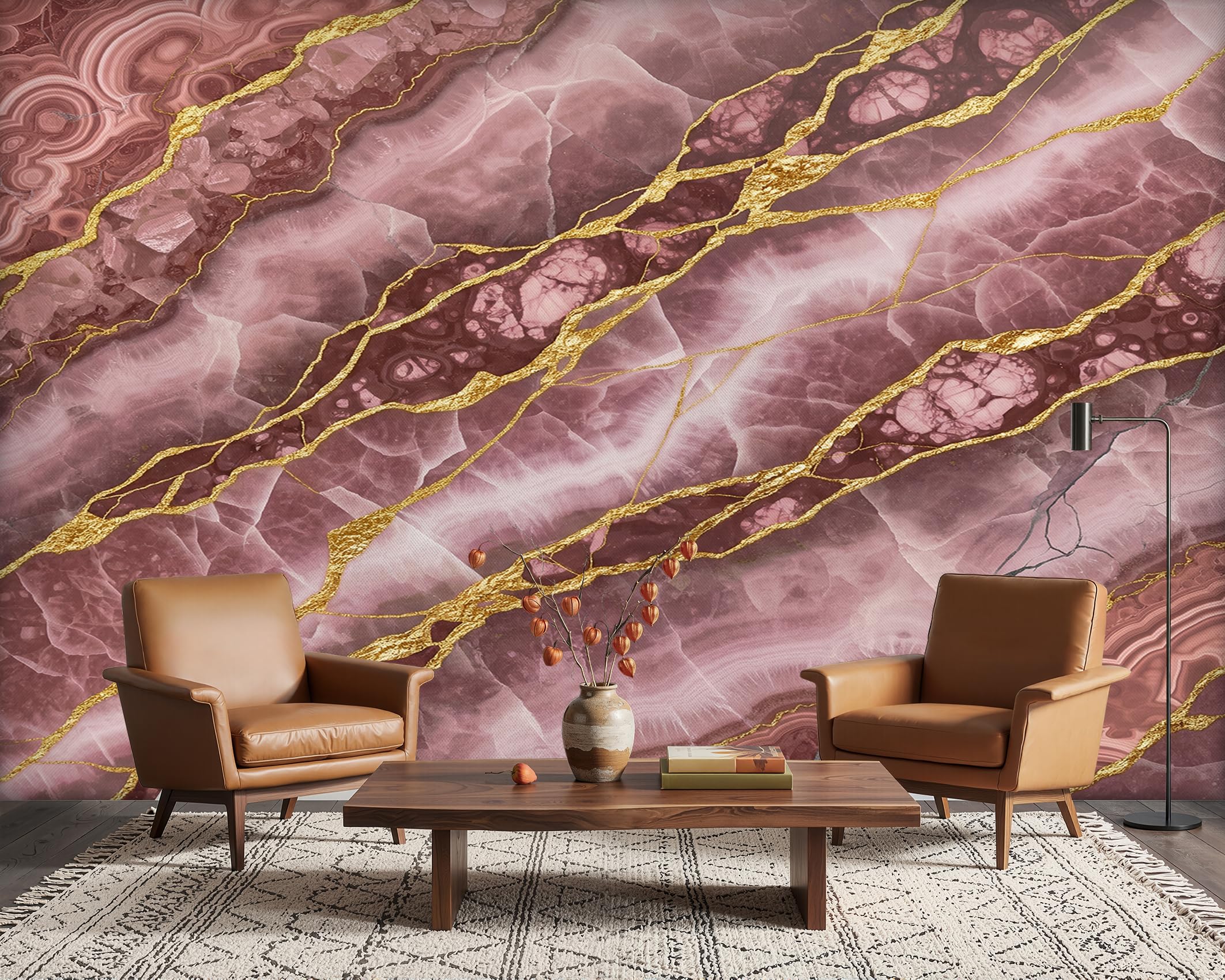 PaxGloz Pink and Gold Marble Photo Wallpaper, Dusty Pink Wall Mural for Living Room & Bedroom, Non-Woven Decorative Wall Art 368x254 cm