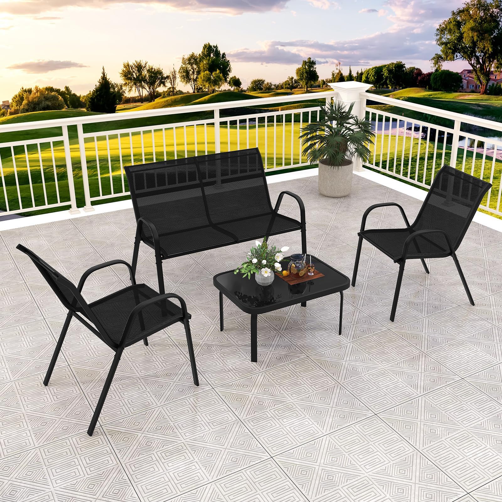 GOPLUS Salon de Jardin 4 Personnes Exterieur, 4 Pcs Canapé Exterieur avec Table Basse en Verre Trempée, 2 Fauteuils, Ensemble de Bistrot pour Terrasse,Balcon (Noir)