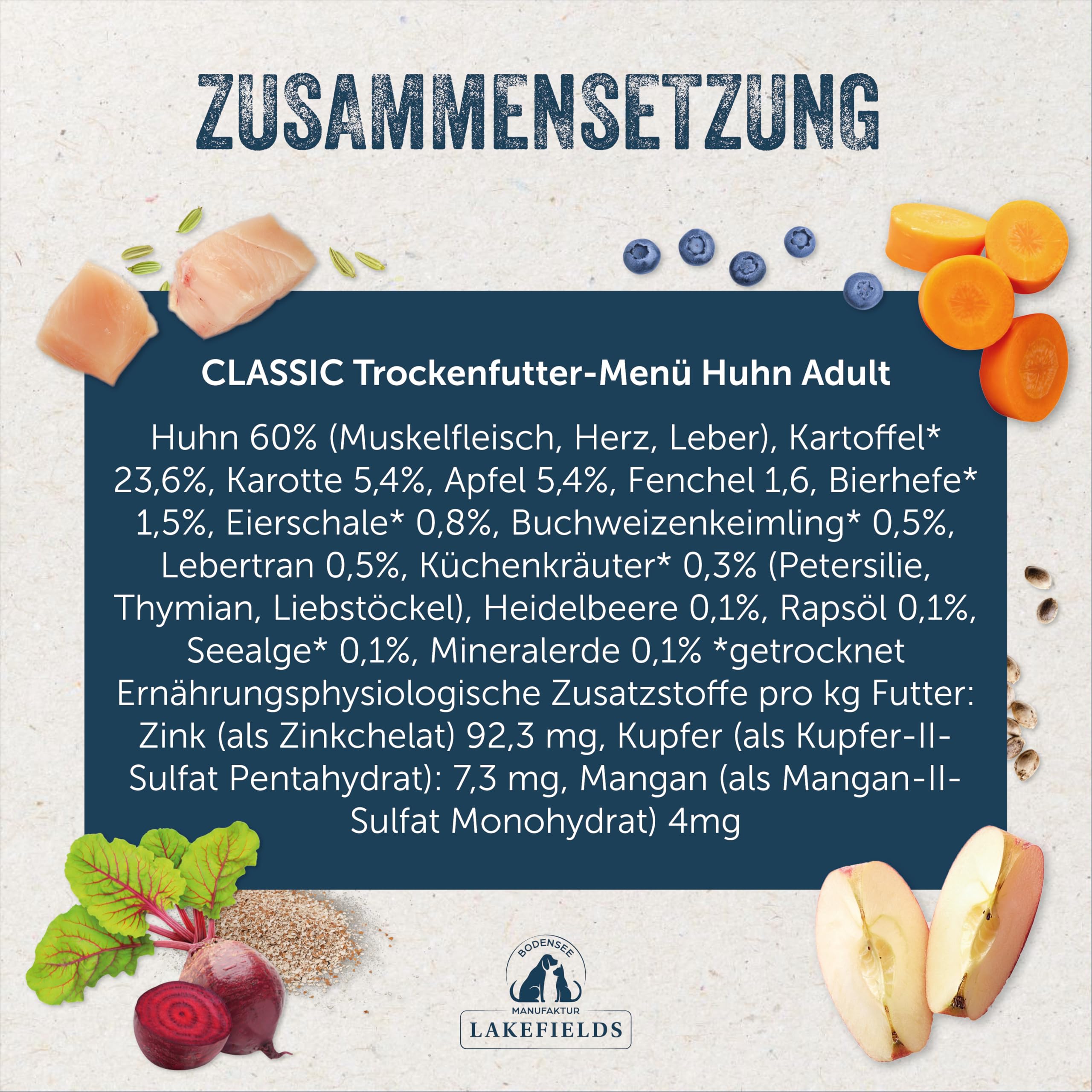 Lakefields Classic Hundefutter trocken | Huhn 60% | 4 x 2,5kg | Getreidefreies Trockenfutter für ausgewachsene Hunde | Zutaten in Lebensmittelqualität | Apfel, Karotte & Kartoffel | Schonend gebacken