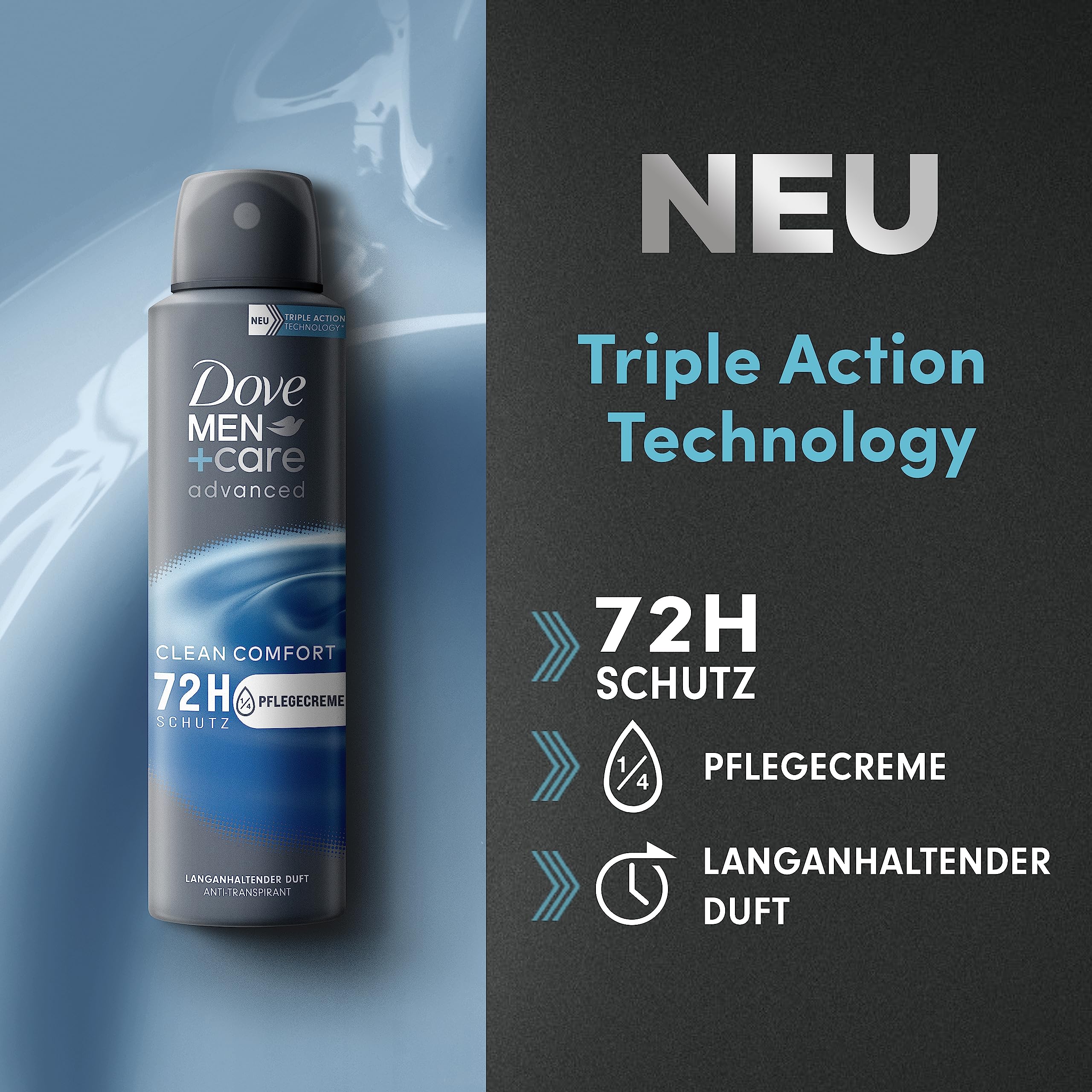 Dove MEN+care advanced - Lot de 6 déodorants anti-transpirants Clean Comfort - Protège 72 heures contre les odeurs corporelles et la transpiration - 6 x 150 ml