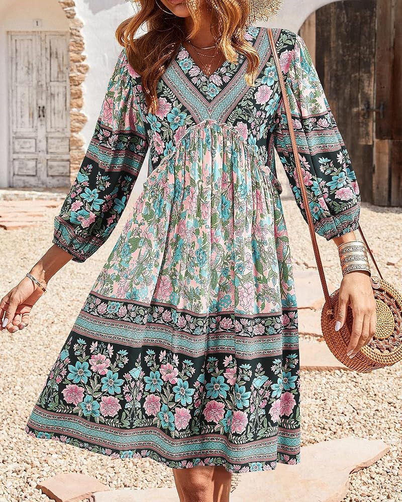 BTFBM Women Casual Spring Summer Dresses V Neck 3/4 Long Sleeve Ruffle  Floral Flowy Boho Babydoll Mini Beach Dress(Floral Apricot, Small) at  Amazon Women's Clothing store