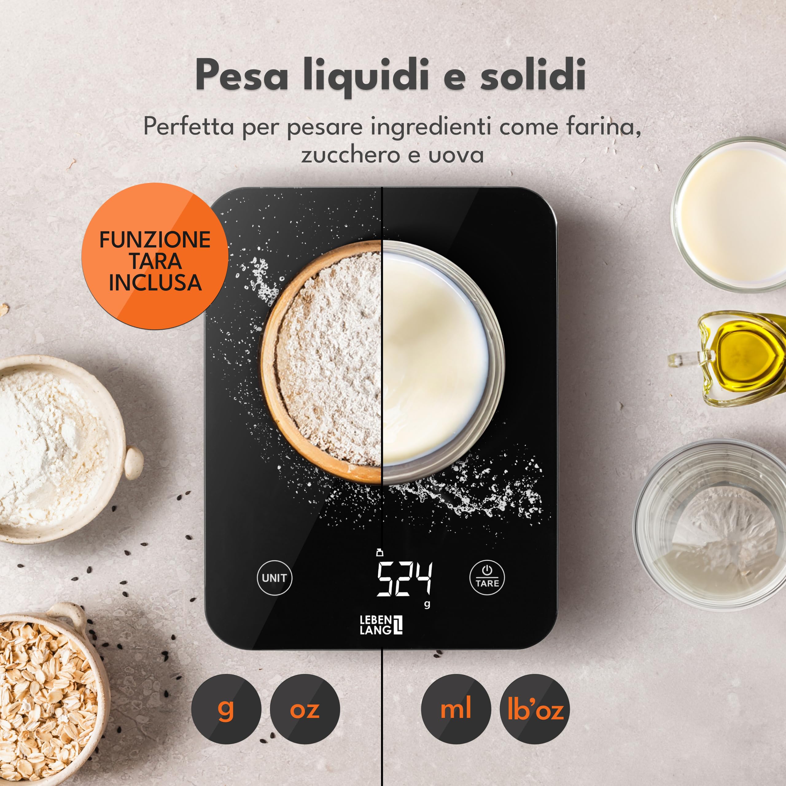 LEBENLANG Bilancia cucina digitale impermeabile - Ricaricabile tramite USB & Incl. Cavo di ricarica I Fino a 10 kg I Bilancia cibo Pesa da cucina & alimenti professionale Kitchen scale Bilance pasta