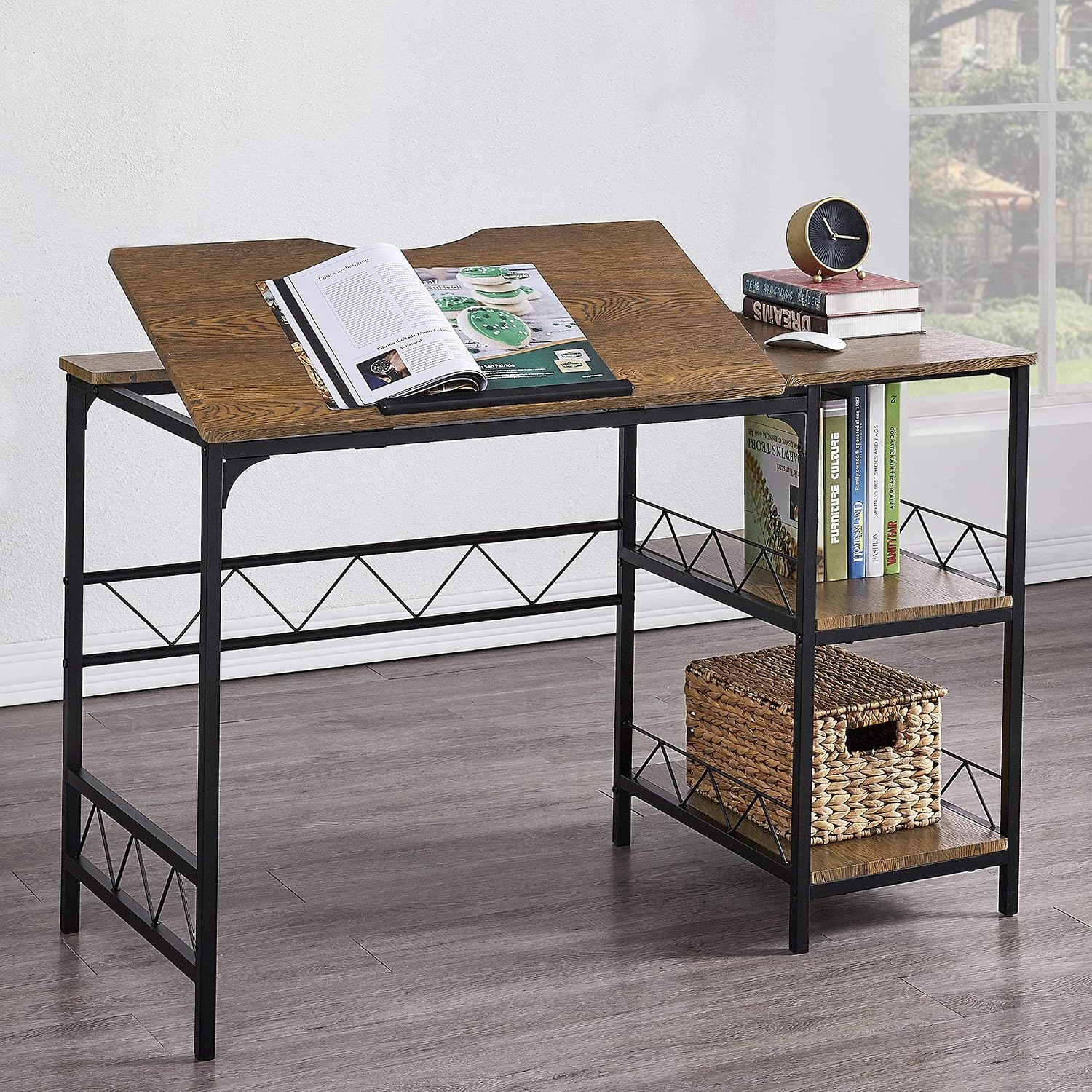 Amazon Crazy 🔥 Deals Hombazaar Home Office Desk, Industrial Computer Desk with Storage Shelf, Large Writing Drawing Desk Craft Workstation with Tiltable Tabletop for Artist, 47’’ Multifunctional PC Laptop Table, Brown