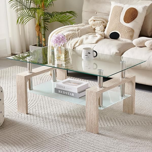 Travertine Glass Table with Wooden Legs