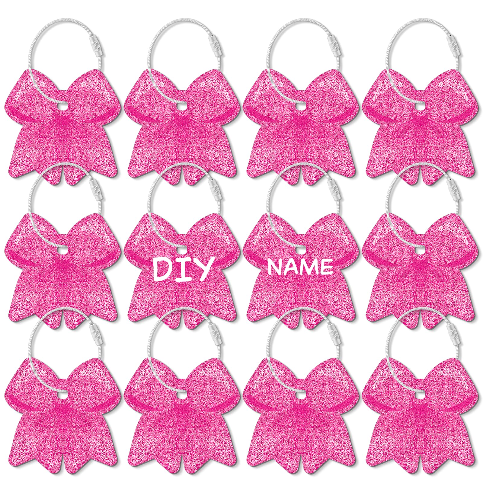 12 Pcs Cheerleader Bag Tags for Travel Bag Suitcase Luggage Tags, Cheer Bow Bows Keychain,Charm with Metal Ring 2.75in PVC Name Id and DIY Pocket Hug