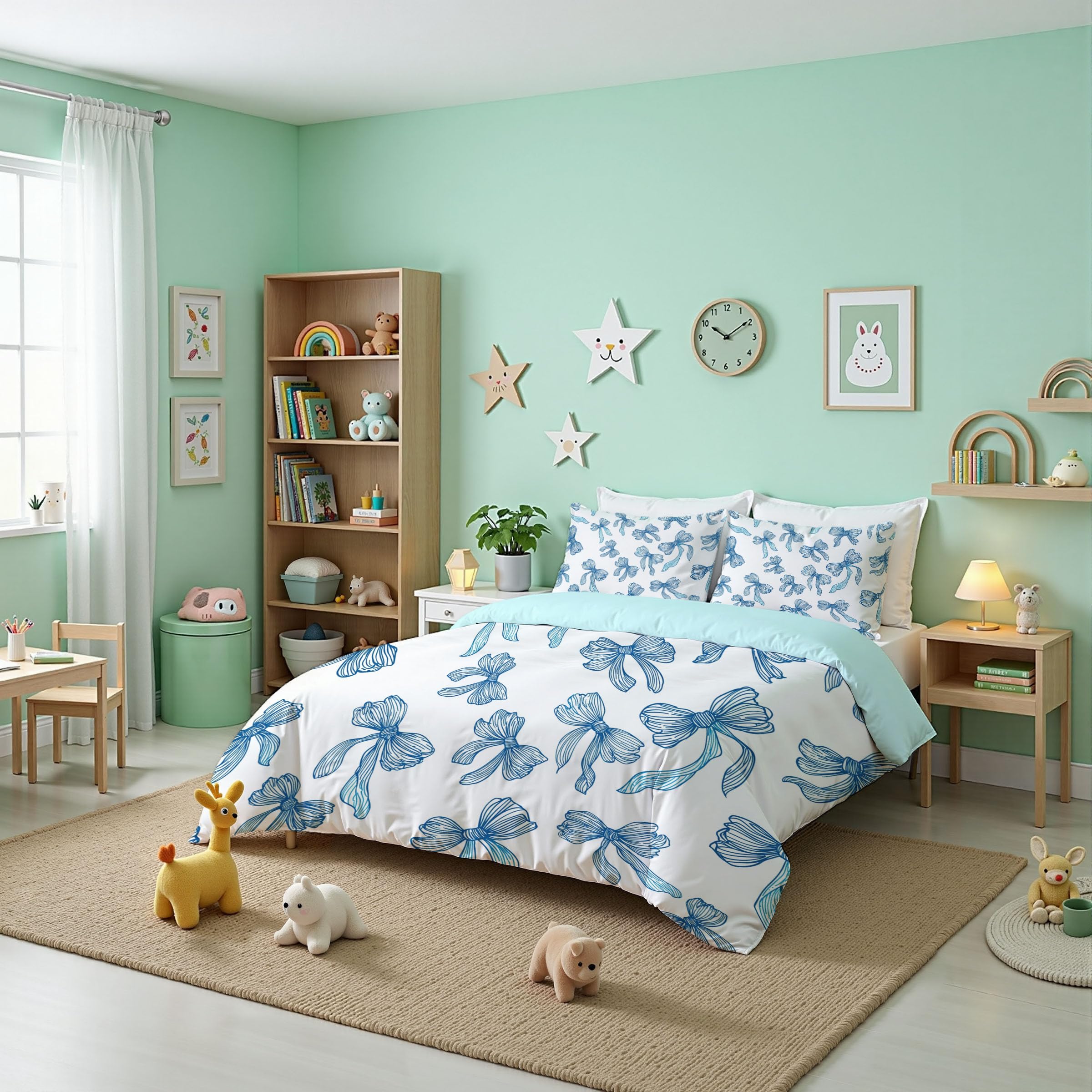 Housse de couette 240x260 joli nœud bleu et blanc avec taies d'oreiller