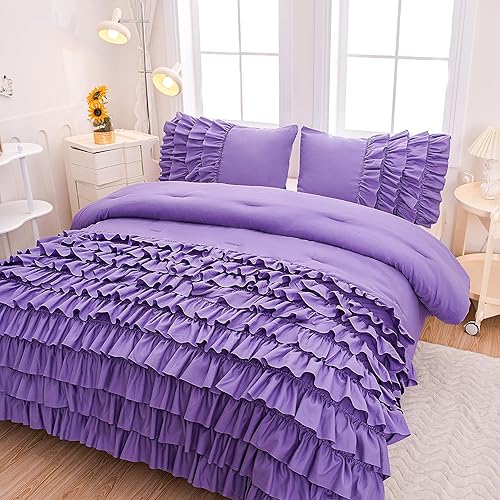 Miniatura 3 de MWMWMW Edredón de princesa lavanda con volantes, juego de edredón morado individual para niñas (1 edredón con volantes y 2 fundas de almohada),