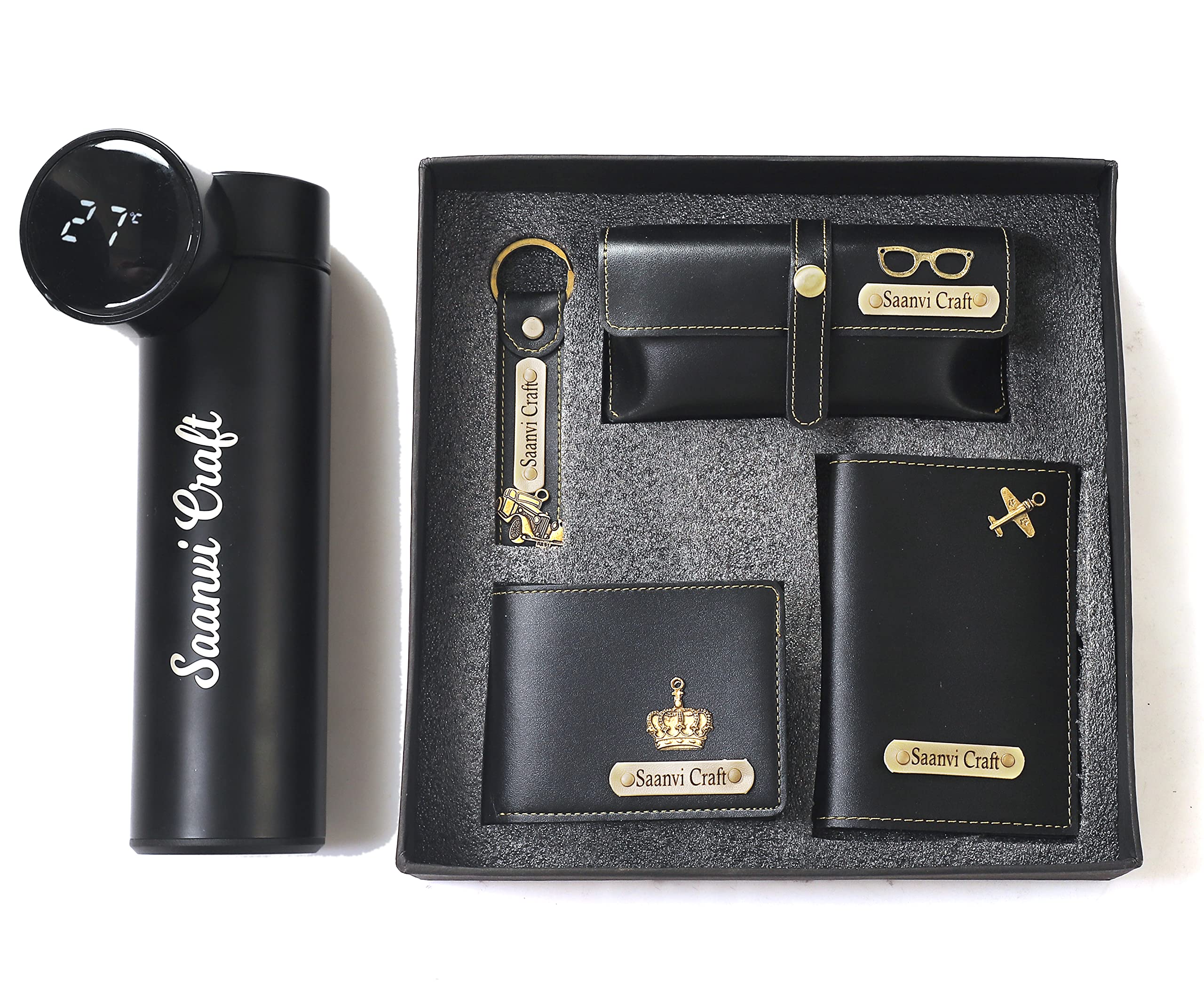 CustomDream Gift Glore Customized 5 in 1 Engraved 1 LED Flask Bottle, Passport Cover with Wallet, Eye Wear Case, and Metal Keychain Combo - Men's Combo Accessories, Personalised Gifts (Black)