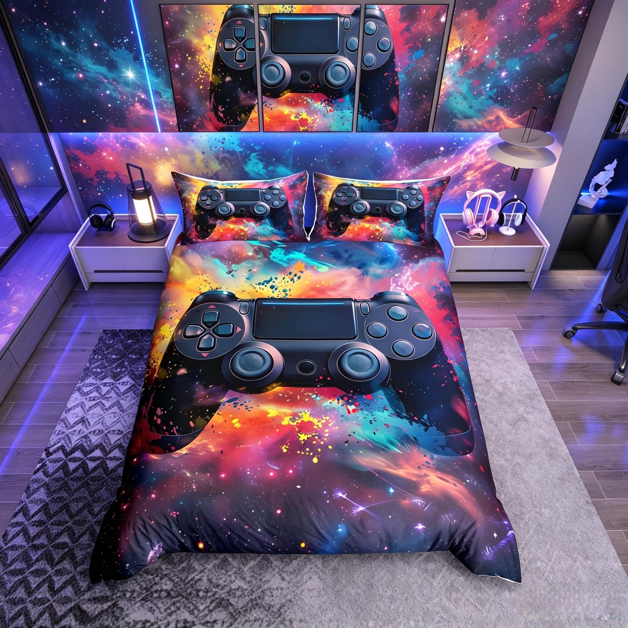 Parure de lit jeux vidéo avec housse de couette microfibre colorée pour lit double