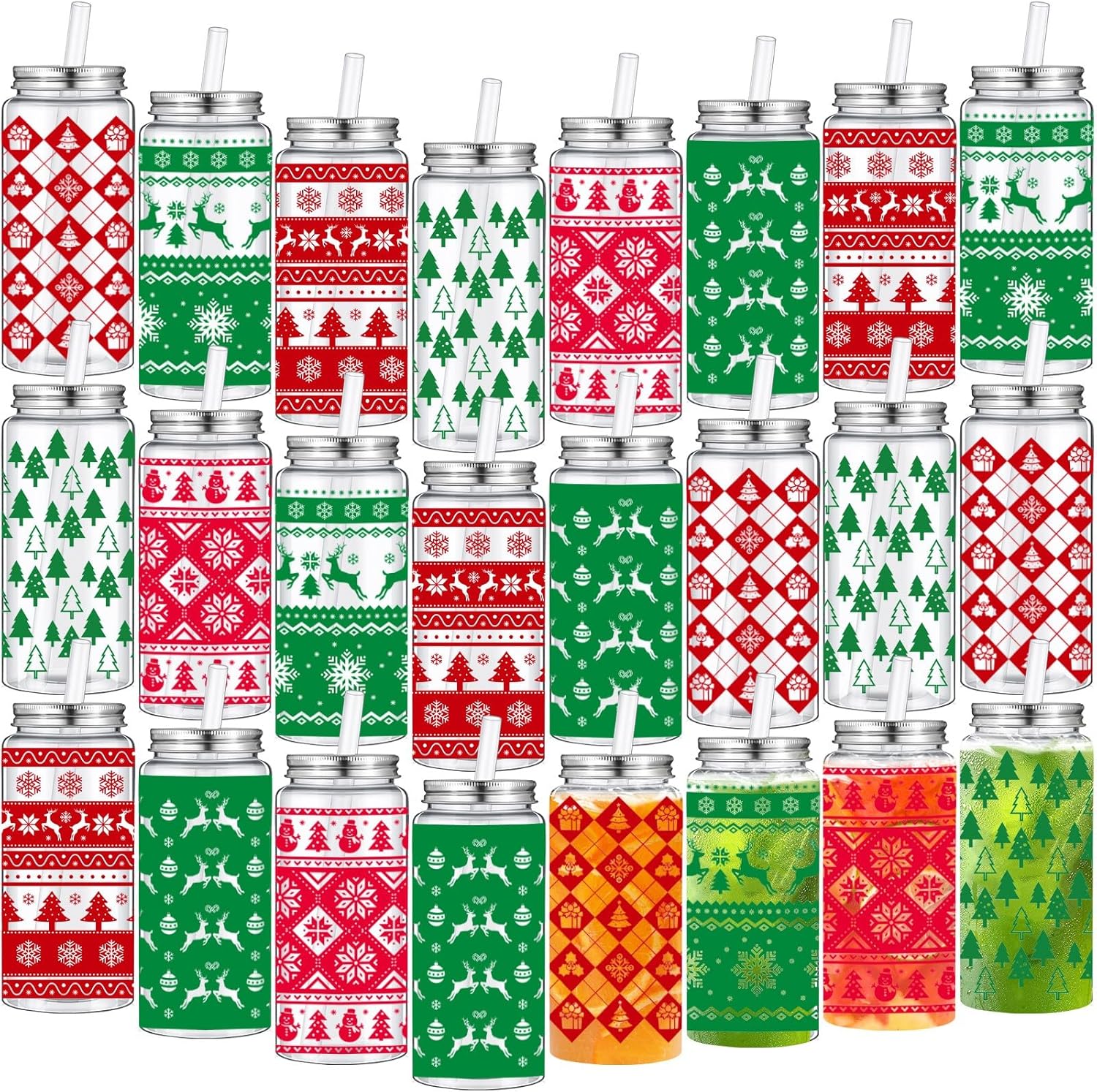 Skylety 24 Pcs Christmas Cups Bulk 13.5 oz Reusable Christmas Plastic Cups with Lids and Straws Red and Green Xmas Tumbler Snowflake Holiday Tumbler for Coffee Wine Drinks Decoration Party, 6 Styles