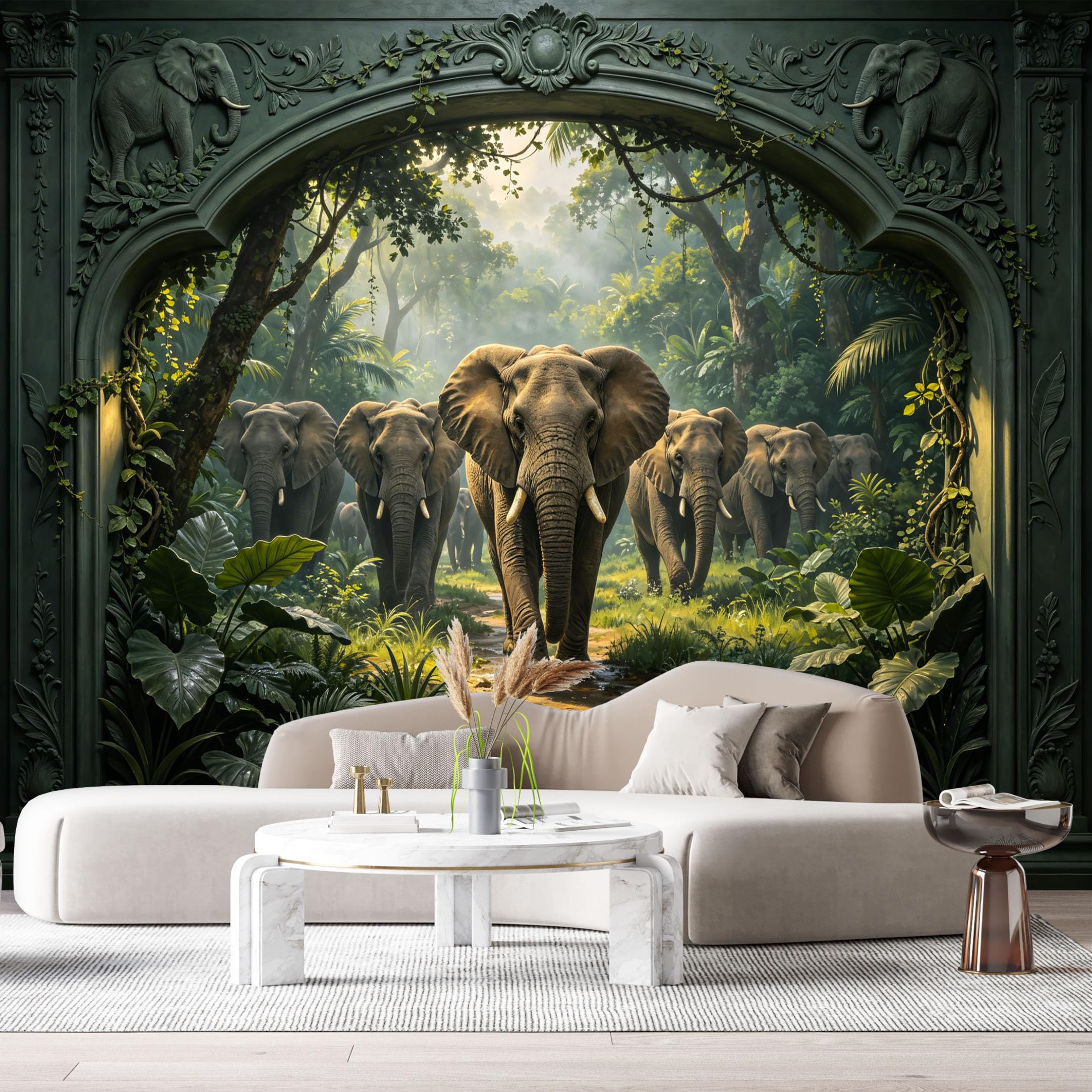 Custom Size Wall Murals Tropical Jungle Elephant Wildlife 3D Trompe L'Oeil SelfAdhesiveWall Fabric Removable Wallpaper Wall Decor for Living Room Bedroom Bathroom