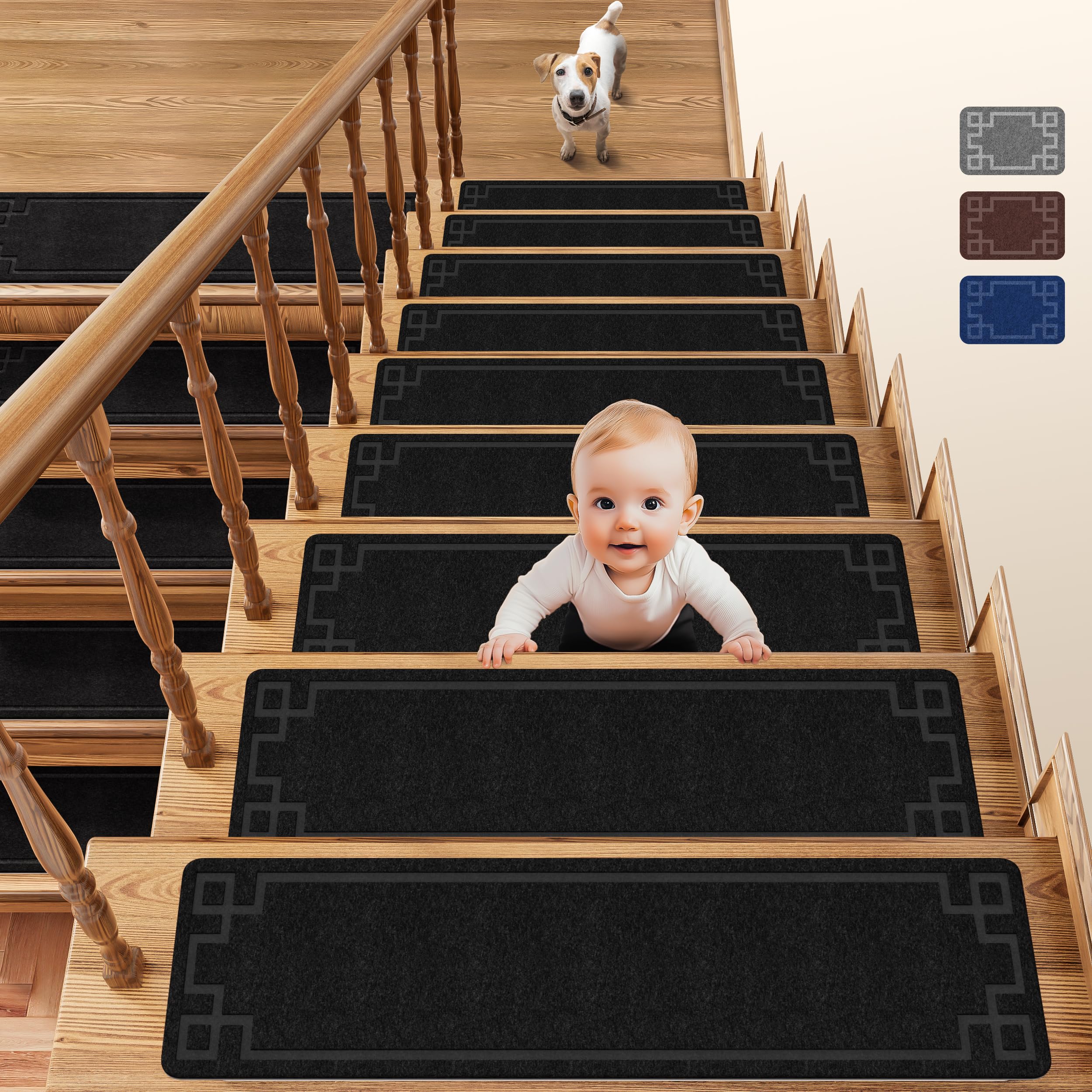 Stair Treads for Wooden Steps 8" X 30" / 20cm*76cm Treads for Stair treads Non Slip Indoor Carpet Stair fit Non Slip Stair treads for Children Elderly and Pets 15 Pack (Black Box, 15-Pack 20x76cm)