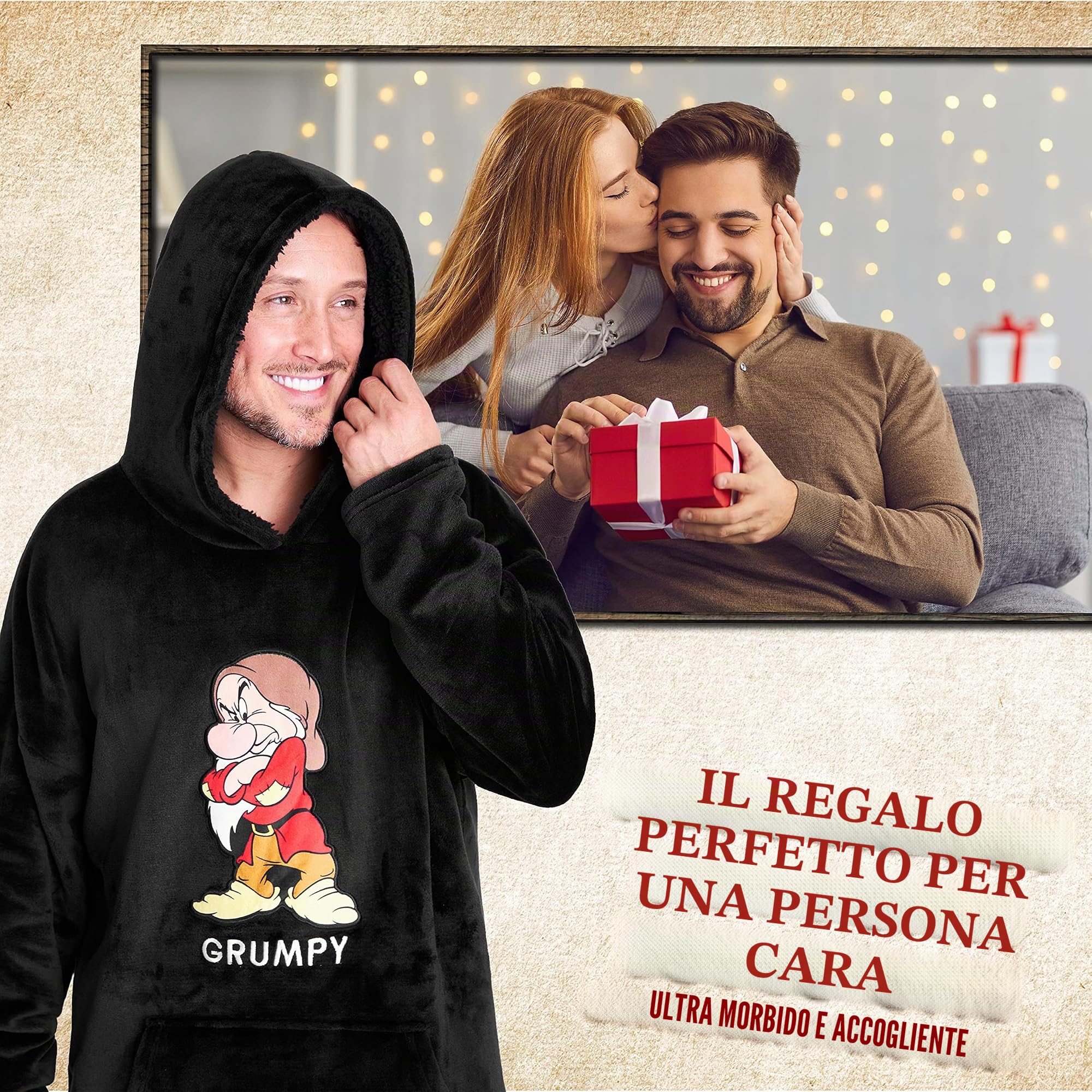 Disney Felpa Coperta Uomo - Felpe Oversize Uomo in Pile Brontolo Grumpy