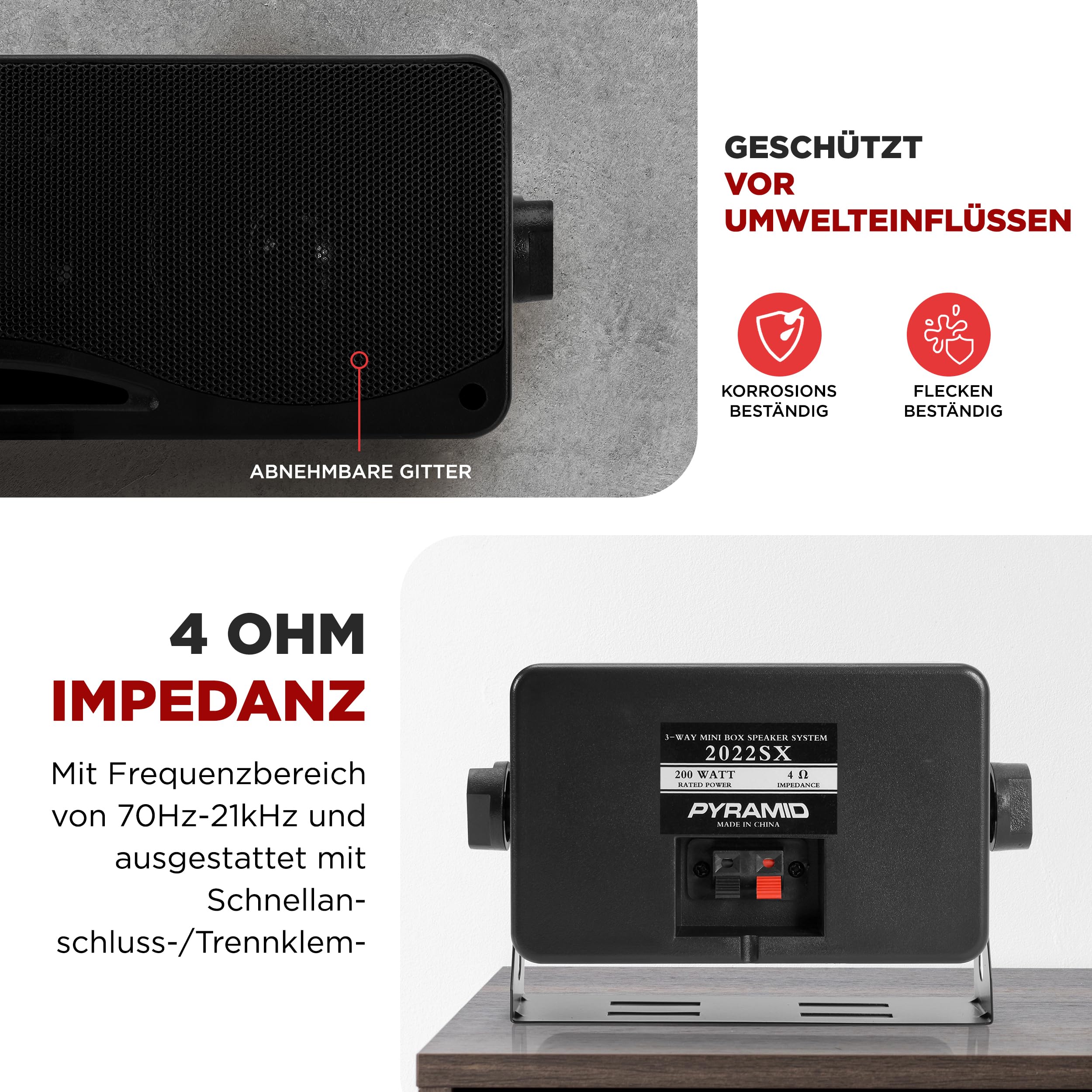 Pyle Mini Lautsprecher, 200 Watt Musikbox - Montierbar oder Tragbar, 3-Wege Sound Speaker, 2x Robuste Schwarz