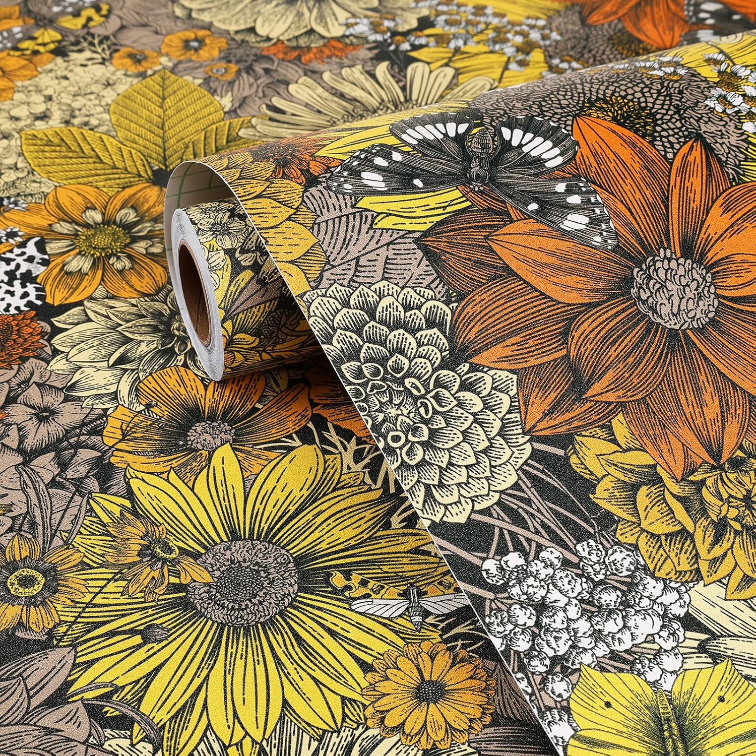 FunStick 17.5x354 Vintage Floral Wallpaper Peel and Stick Brown Orange Yellow Daisy Sun Flower Wallpaper Boho for Bathroom Prepasted Floral Wall Mural Self Adhesive Contact Paper for Cabinets Drawers