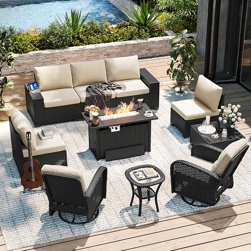 Aoxun 10-Piece Widen Armrests Patio Furniture Set with 44" Fire