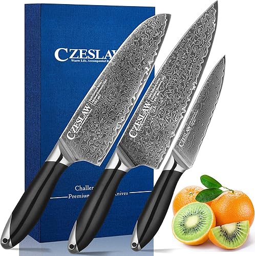 Juego de 3 cuchillos de cocina japoneses de damasco, cuchillo de chef profesional afilado negro, uso de forja de acero de damasco premium, con mango