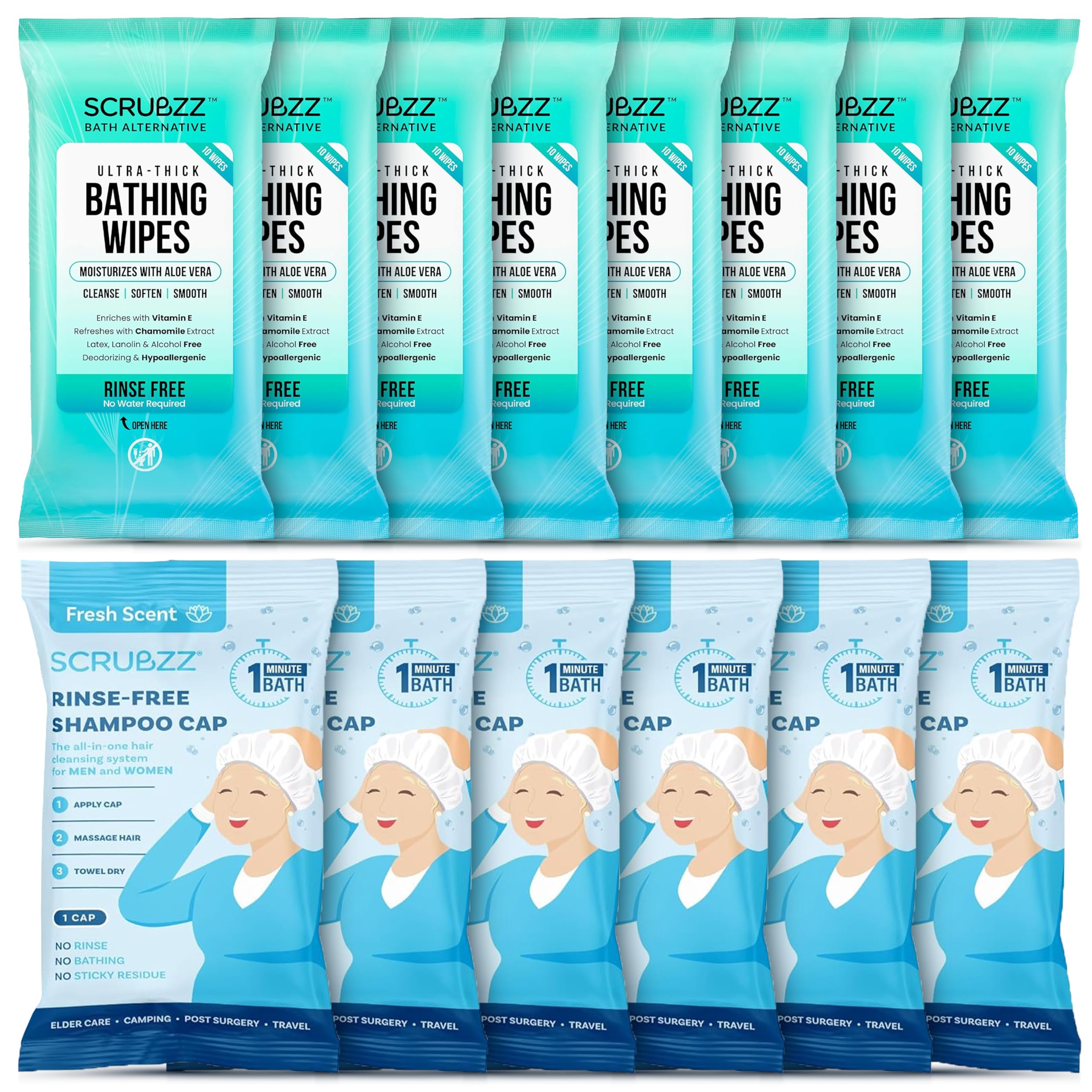 Scrubzz Extra Large Adult Bathing Wipes and No Rinse Shampoo Caps Bundle for Eldery and Post Surgery Surgery Patients