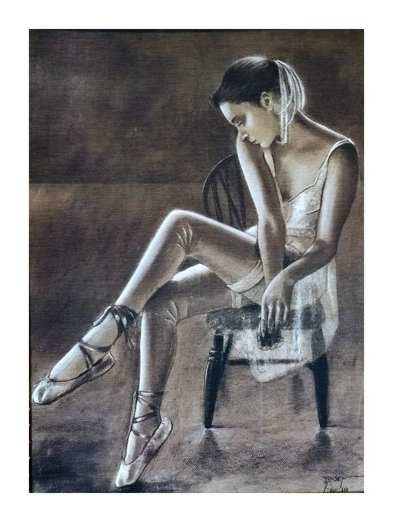 Lnxp Hübsche Ballerina auf dem Stuhl sitzend Maler Yousef 90x70cm Ballett Bild Barock Repro Wandbild Kunstdrucke Gemälde Retro Antik für Cafe Bar Home Büro Praxis 58B