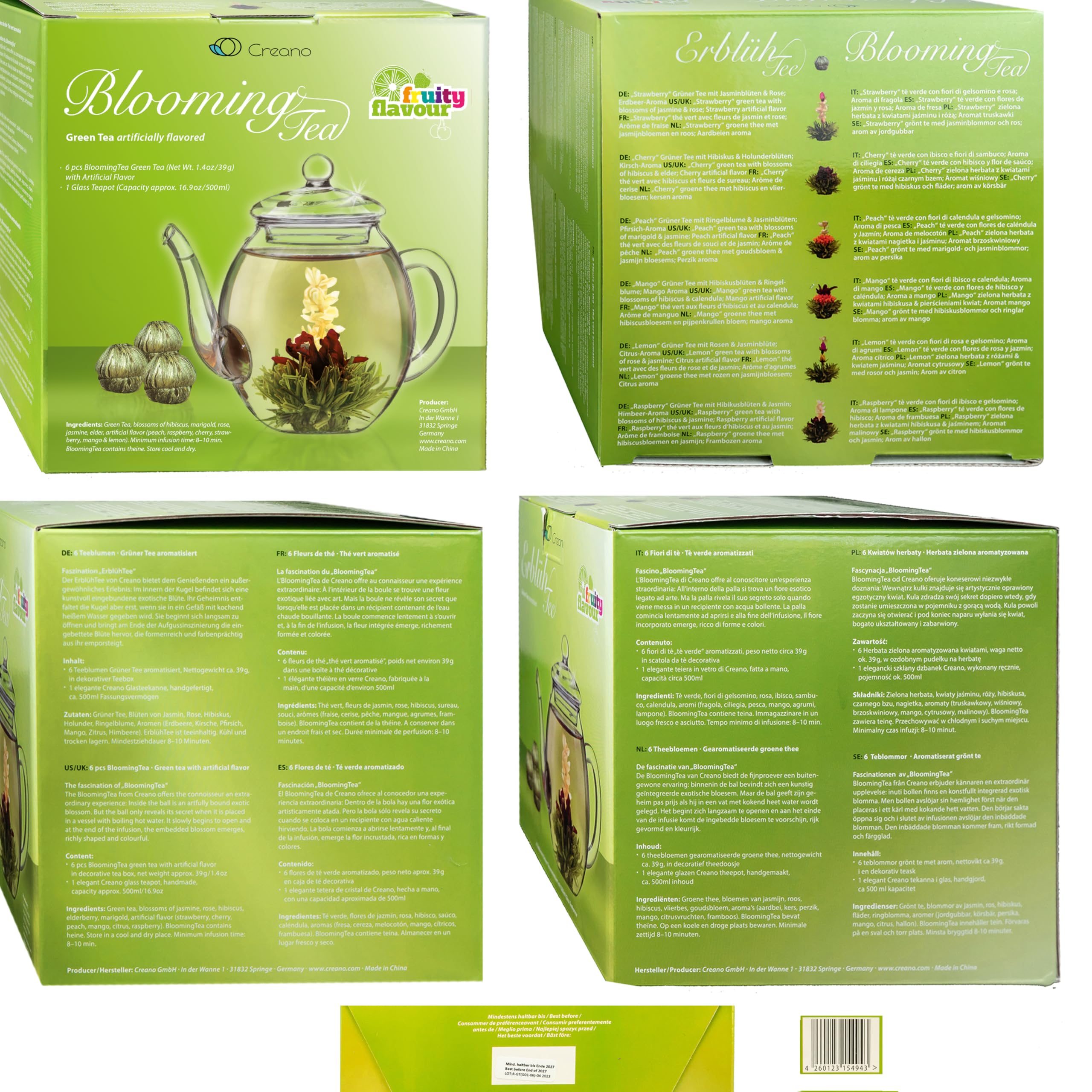Creano „Fleurs de Thé“ Verts 6 pcs – Théière en Verre 500ml sans goutte – 6 variétés de thé vert aromatisé – Idée cadeau femme