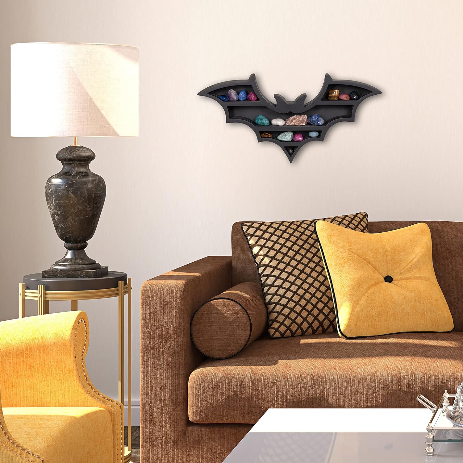 RUSTIX Black Vampire Bat Shelf - Crystal Holder for Spooky Horror Gothic Witchy Room Decor - Wall Mounted Hanging Floating Wooden Shelves for Goth Kitchen Bedroom or Bathroom