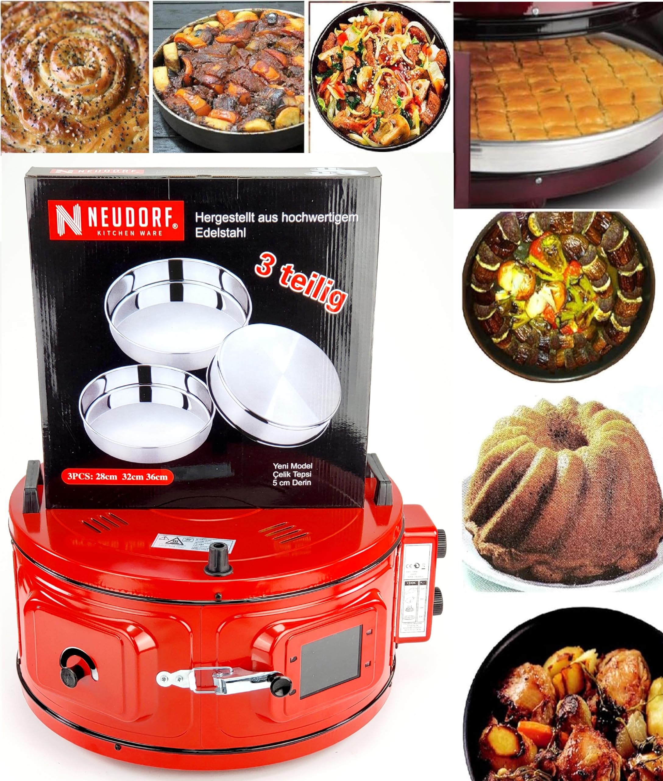 IMS&T Backofen Selection Set 1100Watt 50-300°C 48x48x31cm Ober-&Unterhitze Thermostat Emaille-Backblech Edelstahl Backblech-Set Ø28 32 36cm