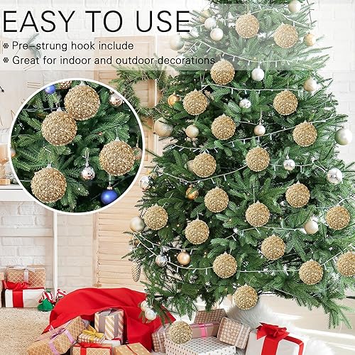 Vista 116 de Lyrow Juego de 24 adornos de bolas de Navidad con purpurina de 4 pulgadas, bolas de Navidad a granel, adornos colgantes de espuma de lentejuelas