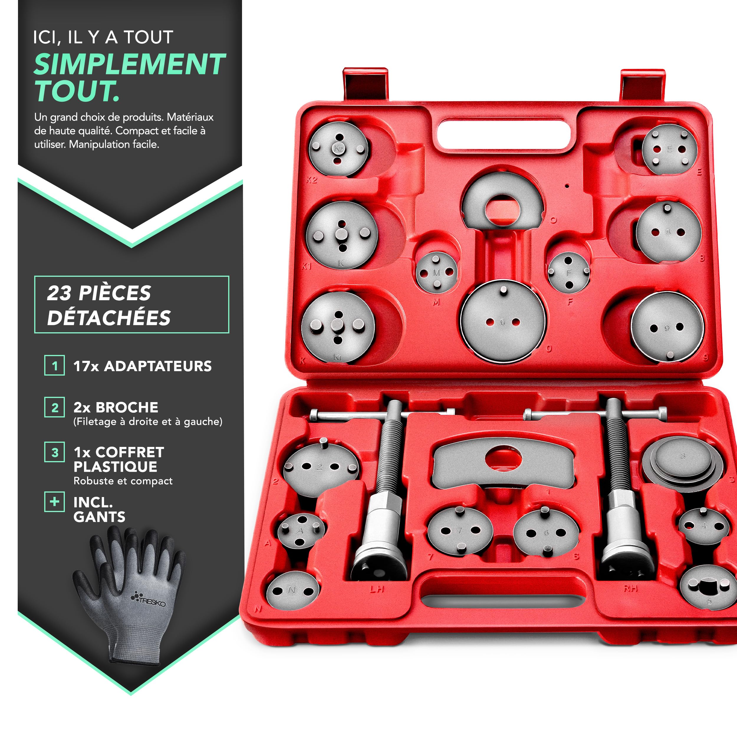TRESKO® Coffret Repousse Piston d'étriers de Freins Set de 23 pcs INCL. Gants, pour Remplacement de Disque Outil et adaptateurs, de mâchoire ou de Plaquettes de Frein, Kit Universel