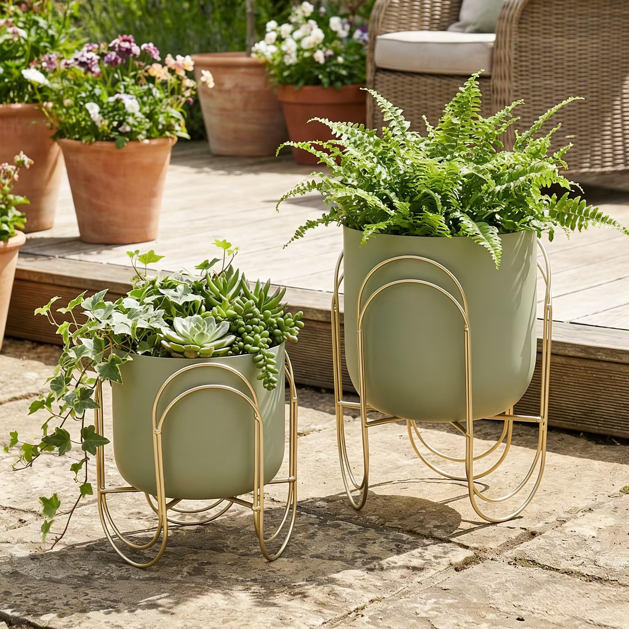 JHY DESIGN Set di 2 piccole fioriere in metallo con supporti, 29 cm e 20 cm, vasi da fiori verdi da interno, da tavolo, per piante grasse, erbe, mensole, davanzali, scrivania, cucina e soggiorno