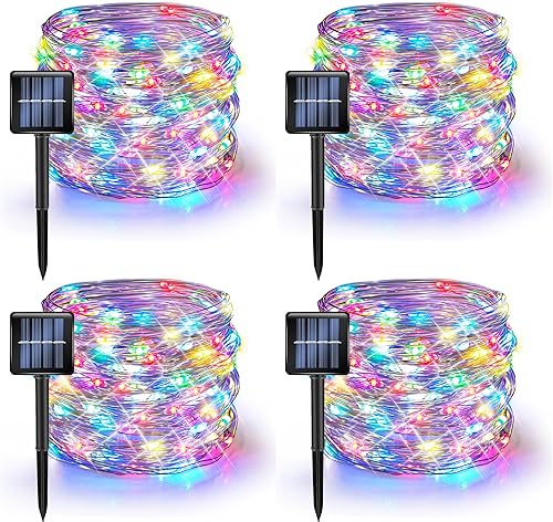 Dazzle Bright Paquete de 4 tiras de luces solares para exteriores, total de 160 pies, 480 luces LED solares impermeables, 8 modos, luces de alambre