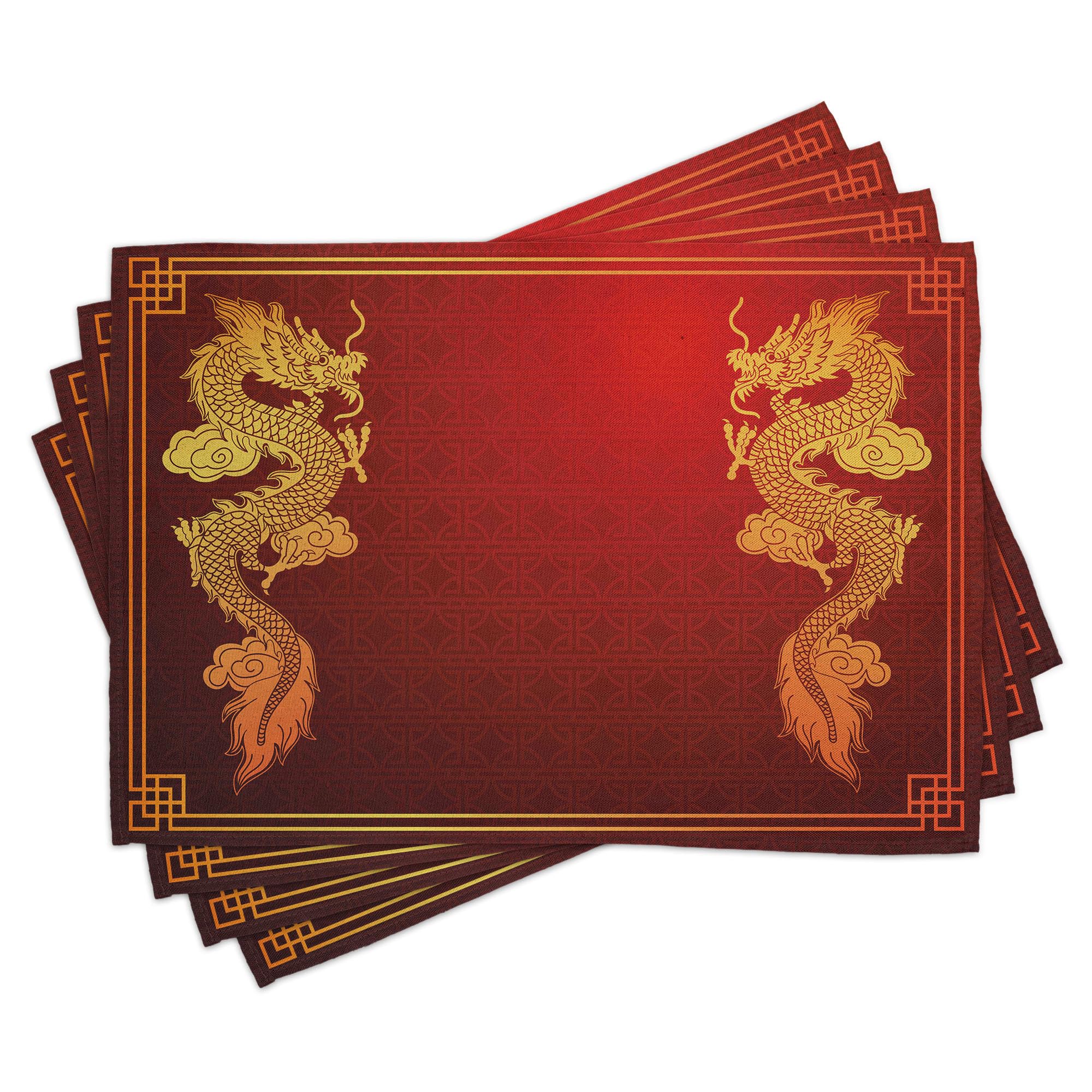 ABAKUHAUS Dragon Place Mats Set of 8, Chinese Heritage Historical Eastern Motif Creature Design, Washable Fabric Placemats for Dining Table, Placemat 8 pcs, Orange Yellow
