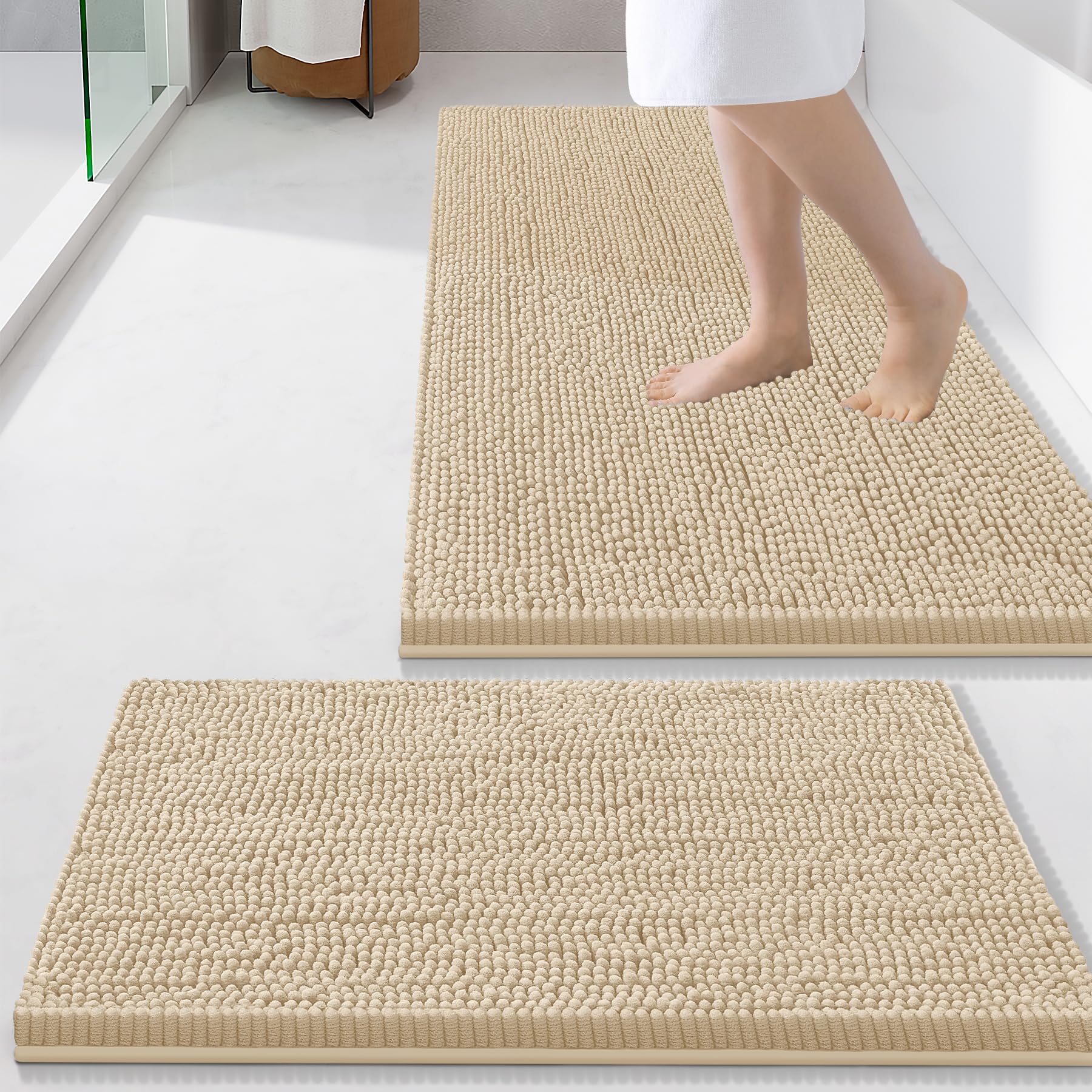 Smiry Chenille Bathroom Rugs Sets 2 Piece (34x21+24x16, Beige)