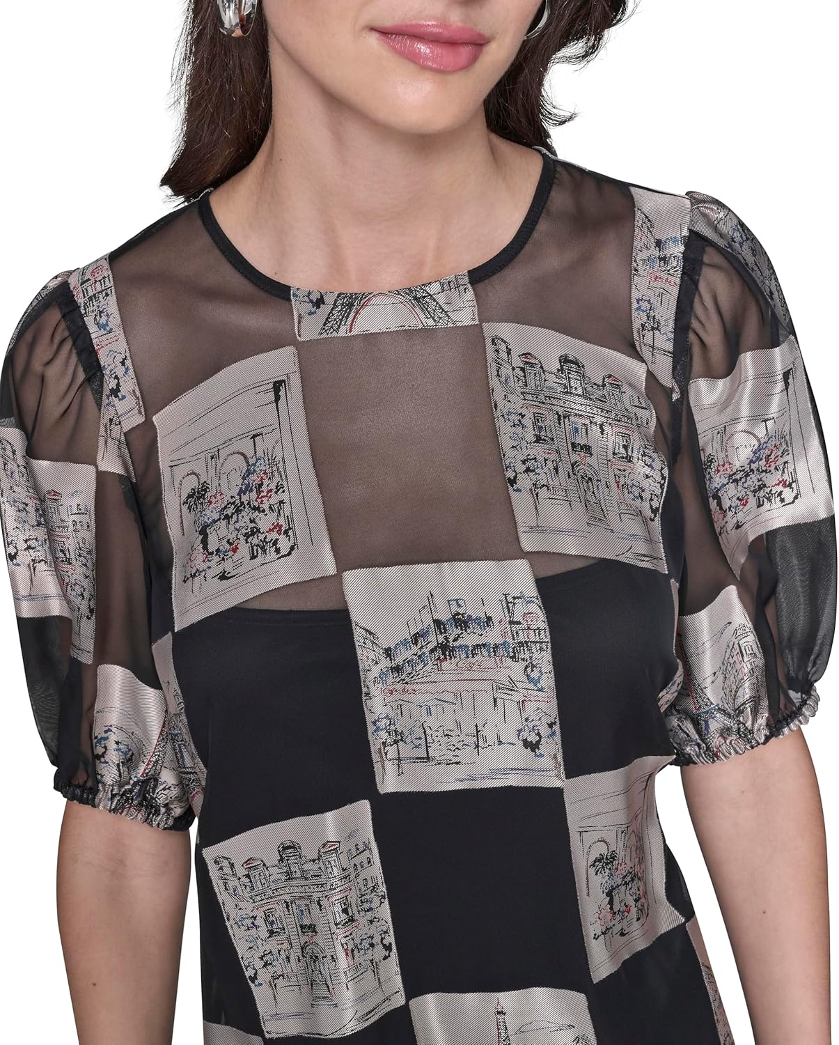 Karl Lagerfeld Womens Puff Sleeve Graphic Burnout A-line Dress - Image 5