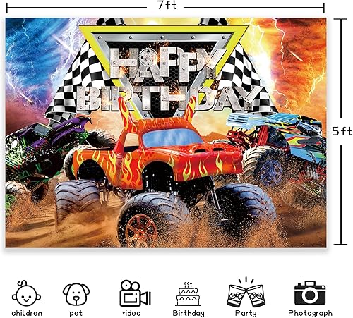Miniatura 4 de Newsely Telón de fondo para fiesta de cumpleaños temática de camión 7 pulgadas de ancho x 5 pulgadas de alto monstruo para niños fondo de fotografía