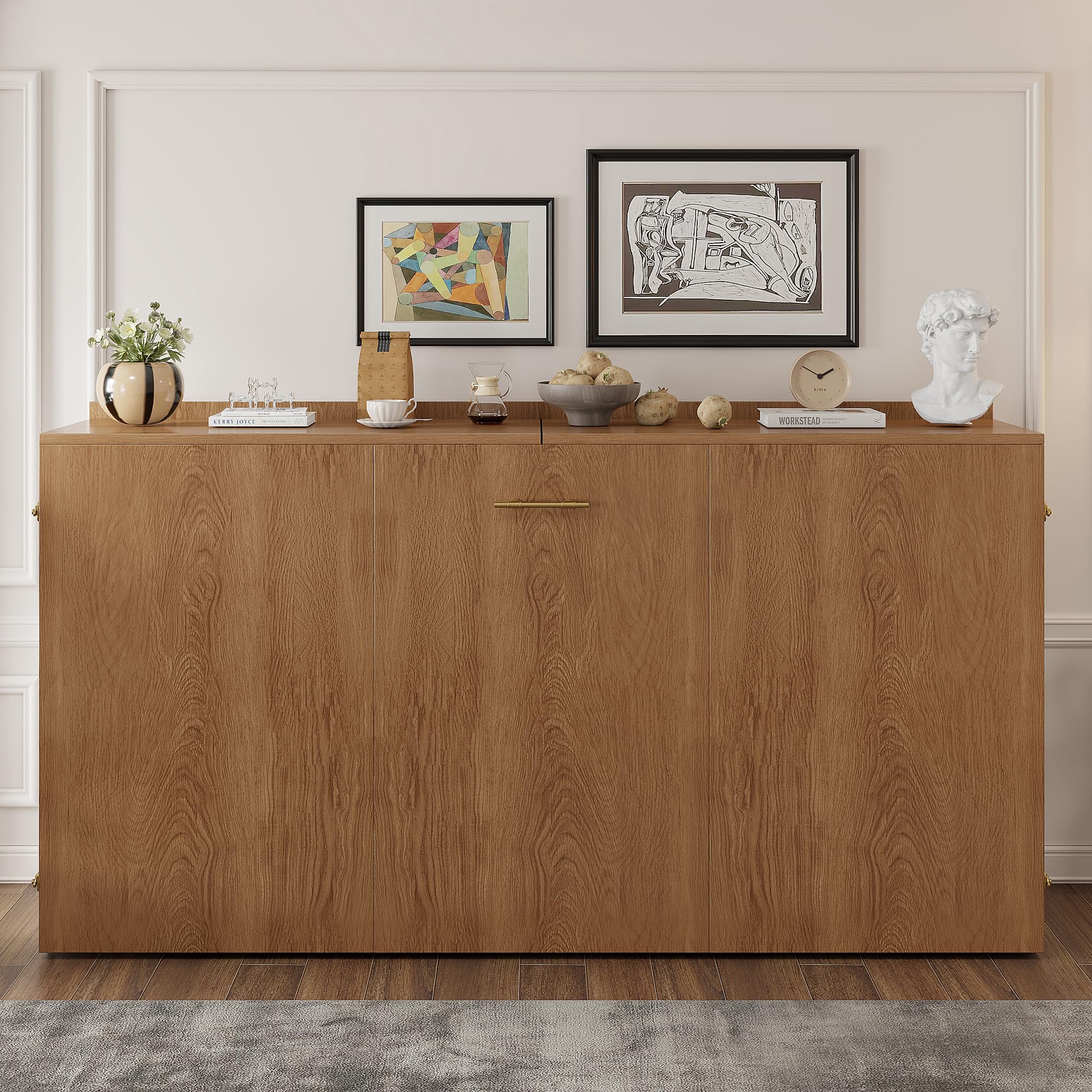 Schrankbett 140x200, Klappbares Doppelbett mit Matratze und Lattenrost, Wandbett Klappbett mit Schrank, Vertikal Schrankbett Gästebett Wandklappbett Murphy Bed Bettschrank mit Leisen Rollen,Holzfarbe