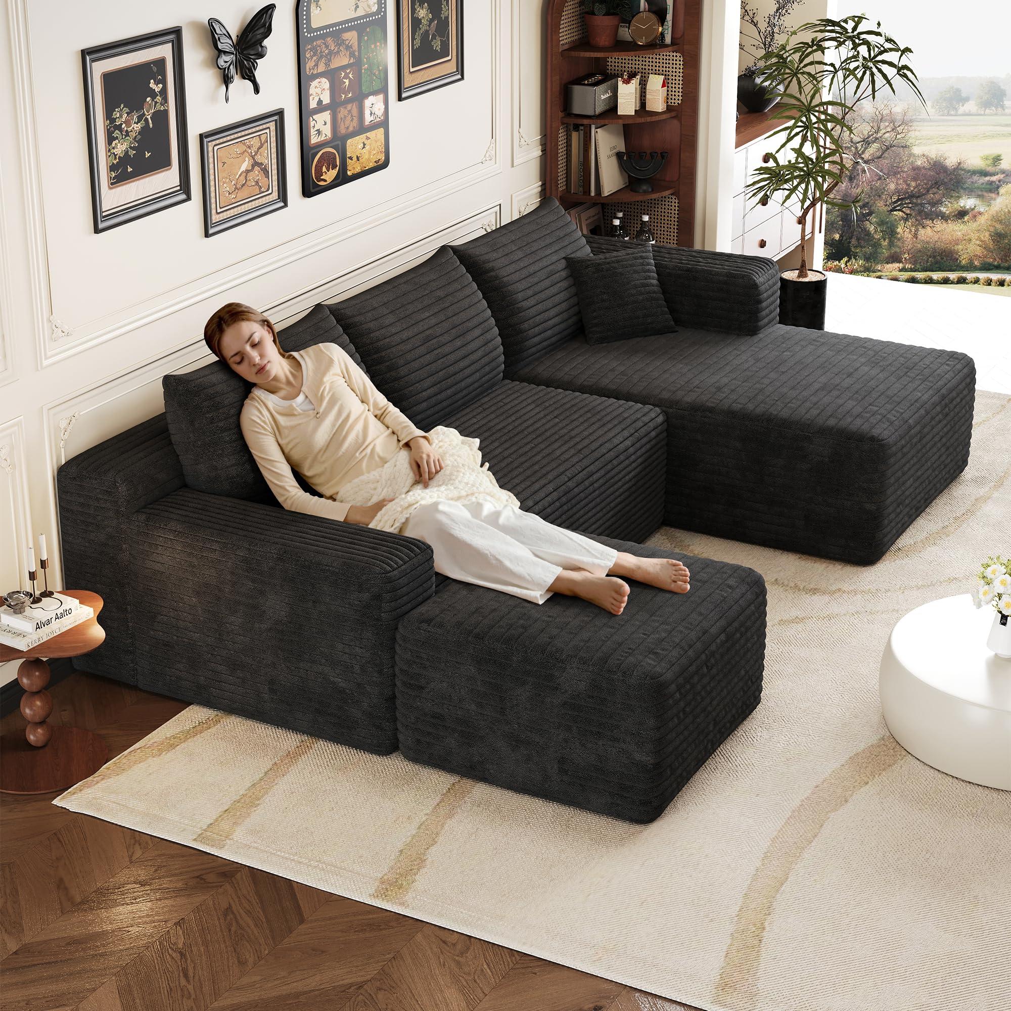 Boneless - Sofá esquinero modular con taburete, sofá de esquina en forma de U sin montaje, sofá tapizado de pana combinable, negro de 3 plazas+1, negro (Black-Right-U, 4)