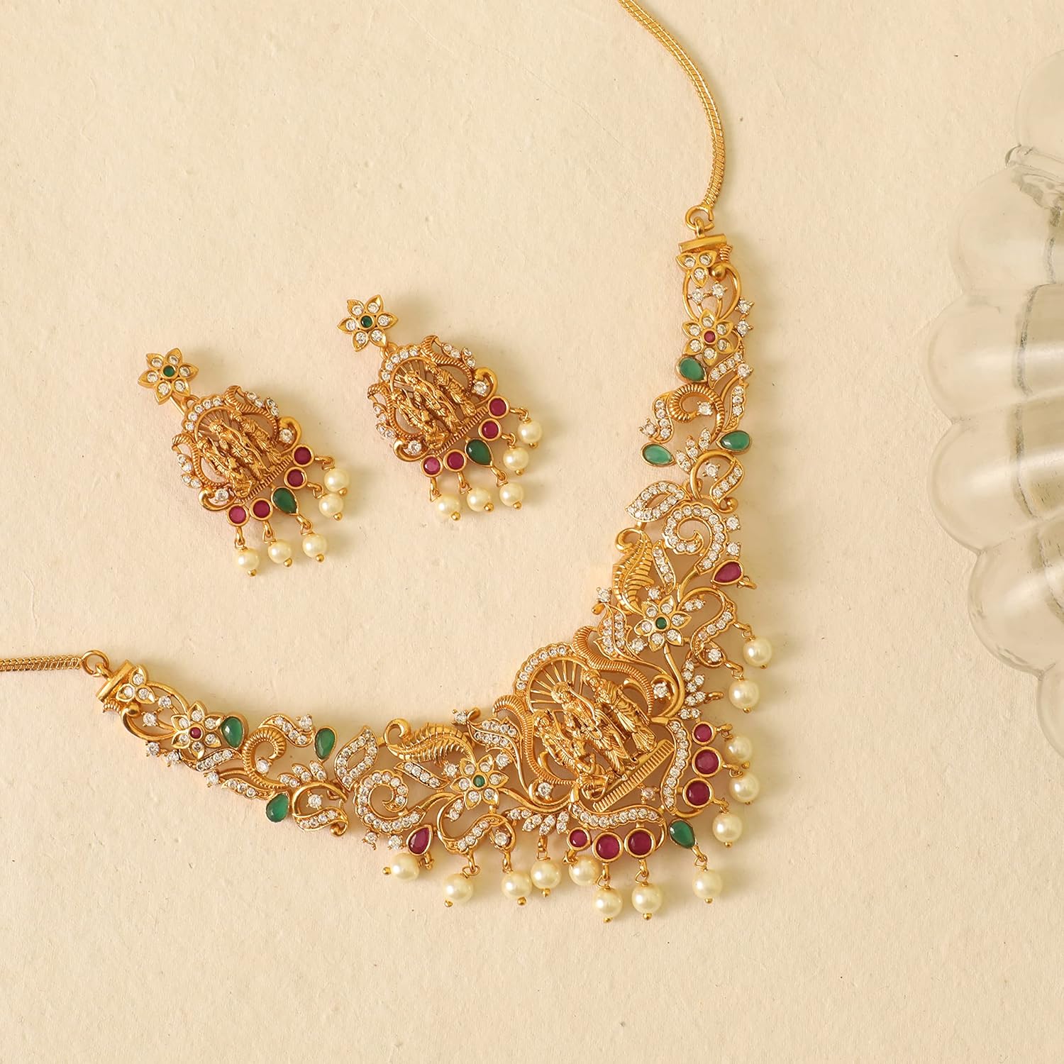 TARINIKA Antique Gold Plated Samaira Short Necklace Set with Floral Design - Indian Jewelry Sets for Women | Perfect for Ethnic Occasions | Traditional south Indian necklace | 1 Year Warranty* - Image 3