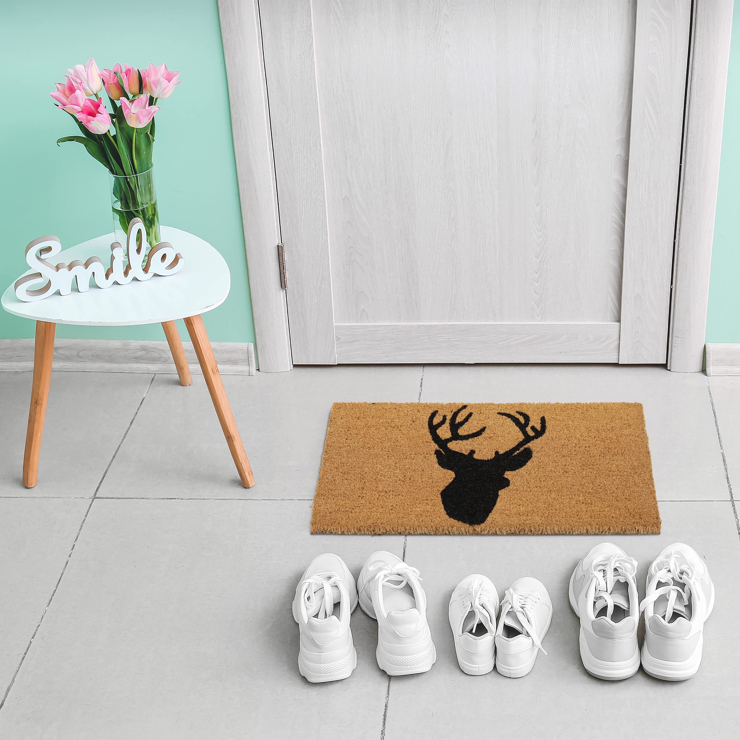 Relaxdays Zerbino da Ingresso in Cocco, Tappetino Antiscivolo con Cervo, 40x60 cm, per Interni e Esterni, Nero Naturale