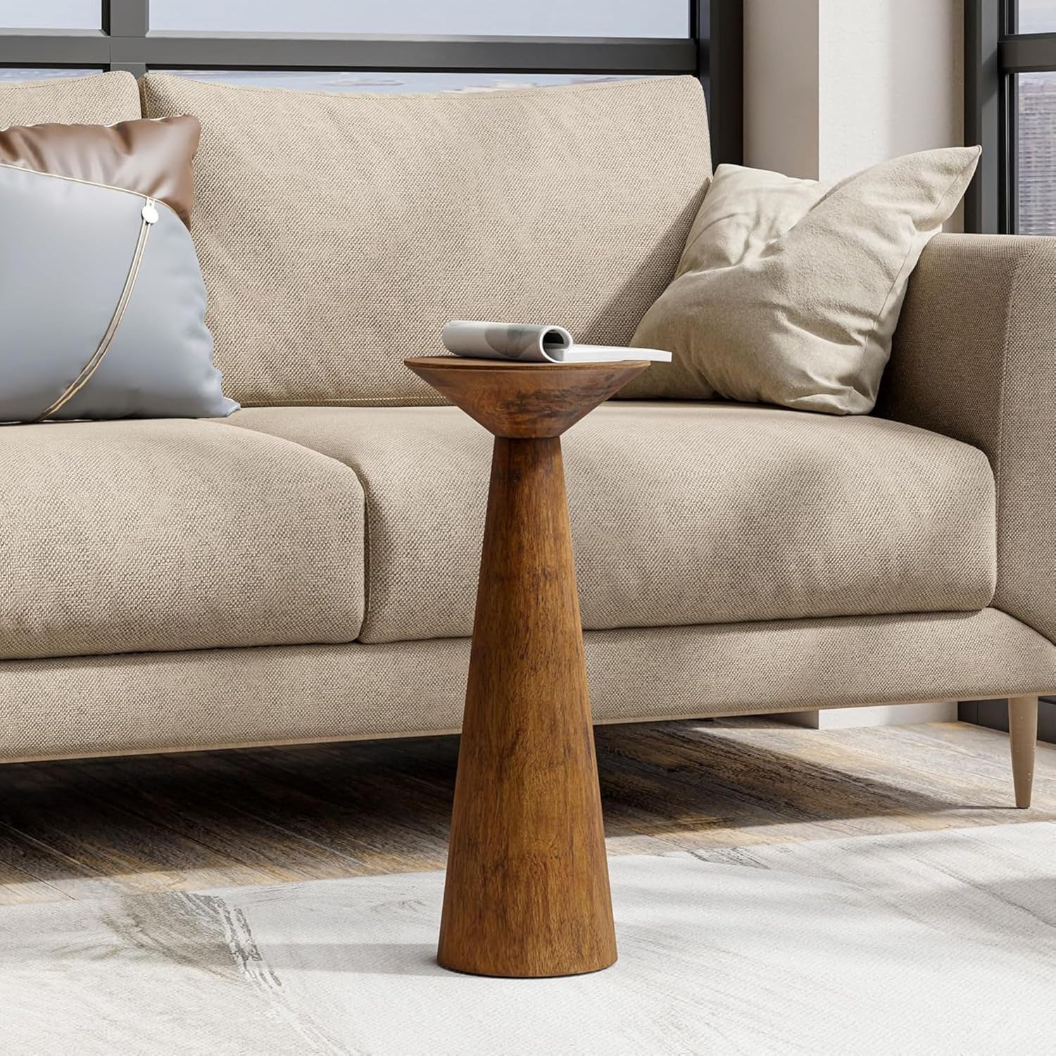 COZAYH 22.8” Tall Round Martini End Table, Walnut – Solid Pine Wood Pedestal Accent Drink Stand with Tapered Base – Farmhouse Modern Furniture for Living Room, Bedroom & Small Spaces