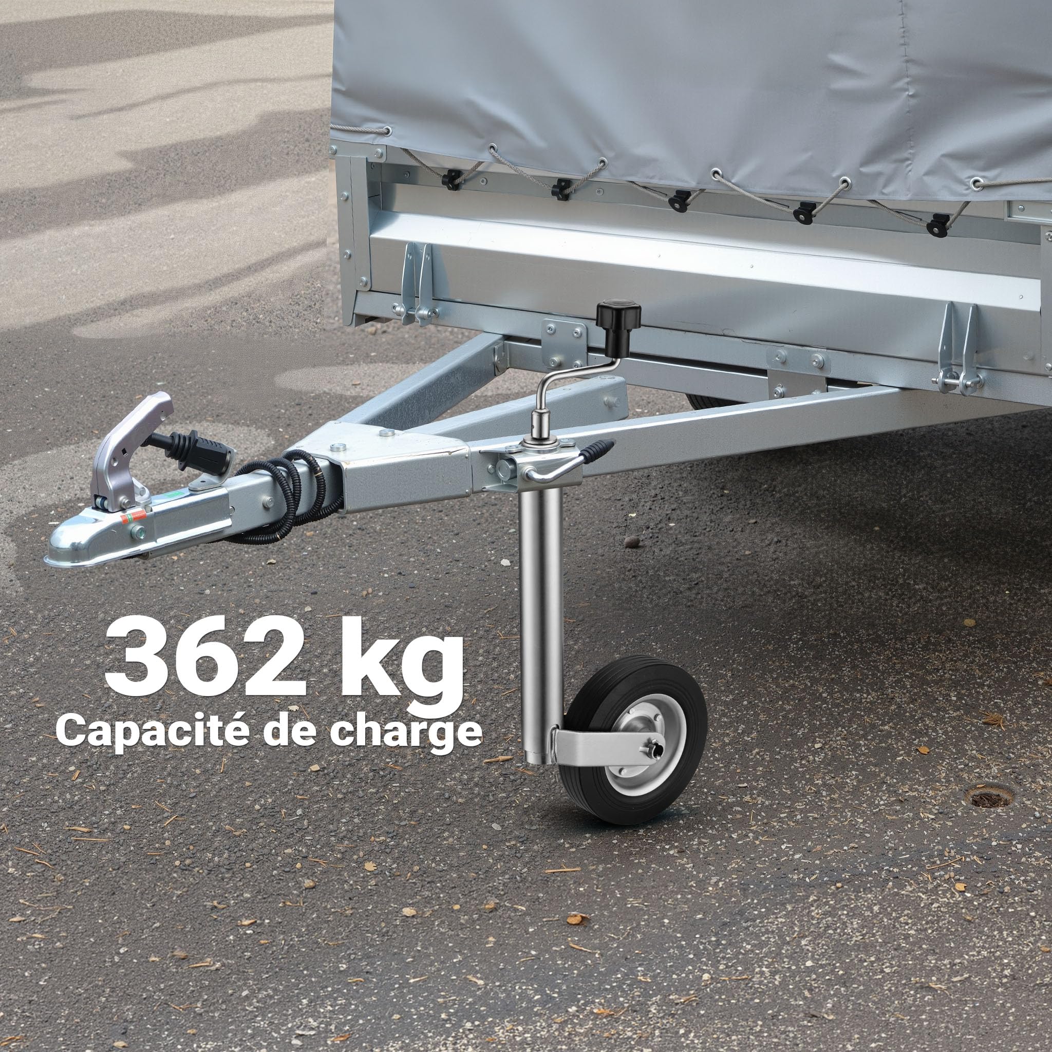 Wiltec Roue Jockey pour remorque – 600 x 250 x 50 mm – DM 48 mm – capacité Max. 362 kg – en Acier galvanisé et Caoutchouc – Béquille Camping Car Caravane