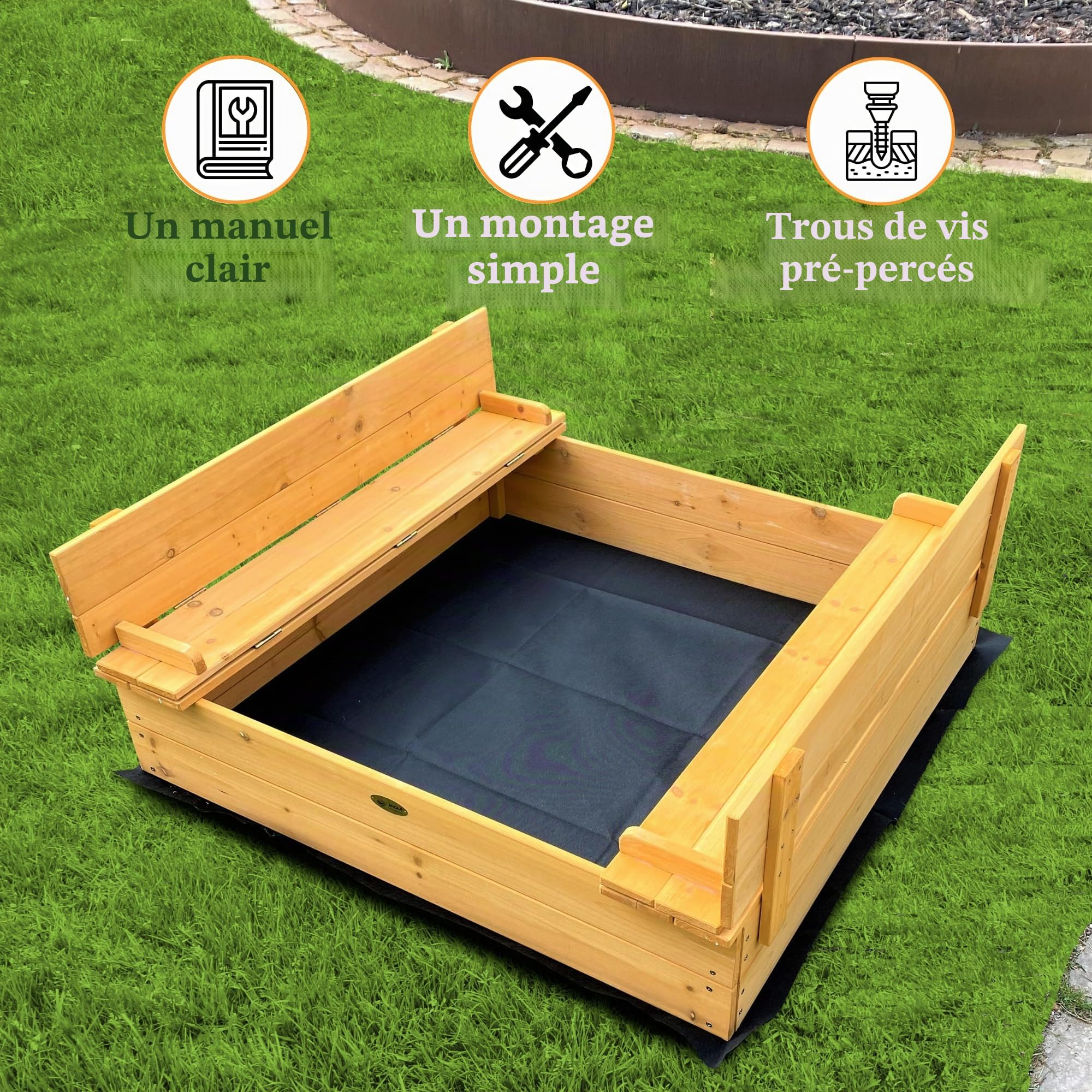 Bac à sable en bois - Pliable - 2 banques - Bâche de sol incluse - 127x123x23cm