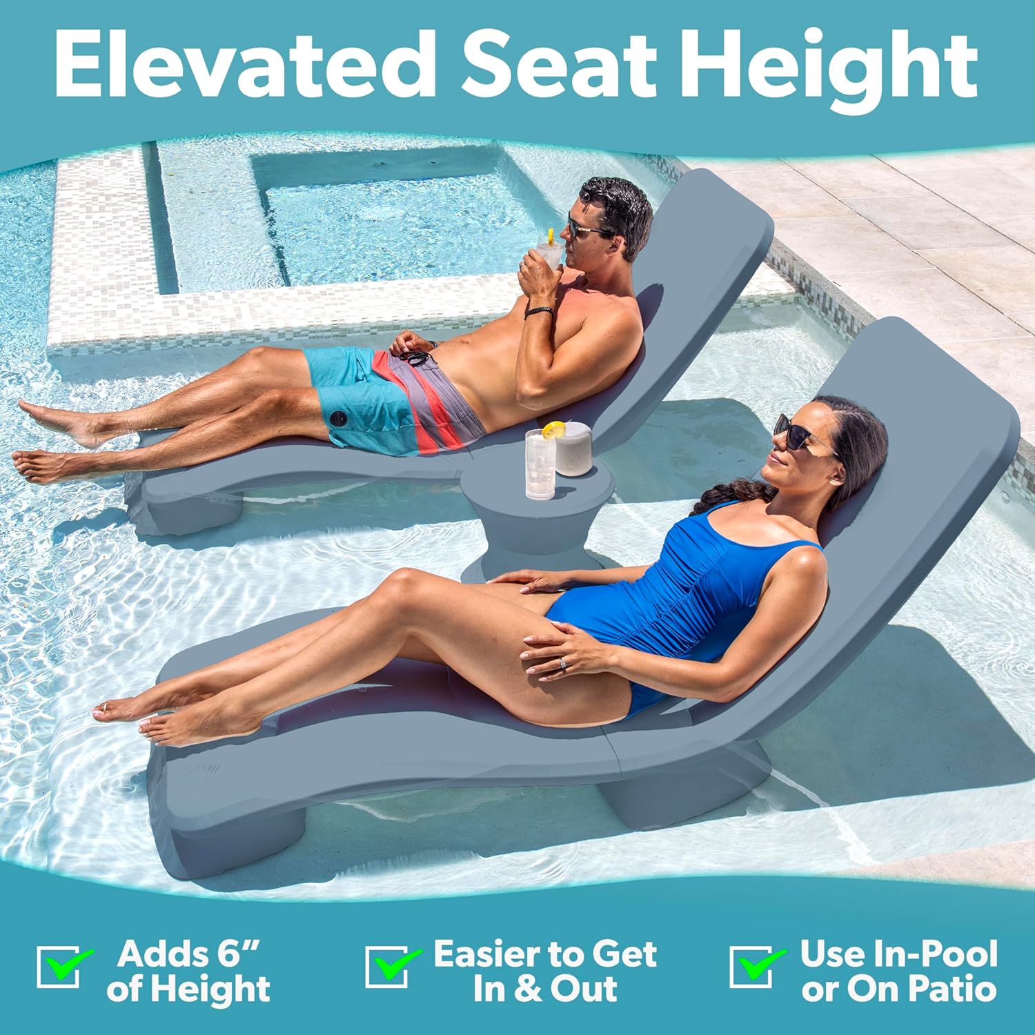 GoSports Coast Modern in Pool Lounge Chair - Waterproof & Weighted Chaise Lounger - Outdoor Pool Furniture for Patio or in Baja Shelf - Stone Blue
