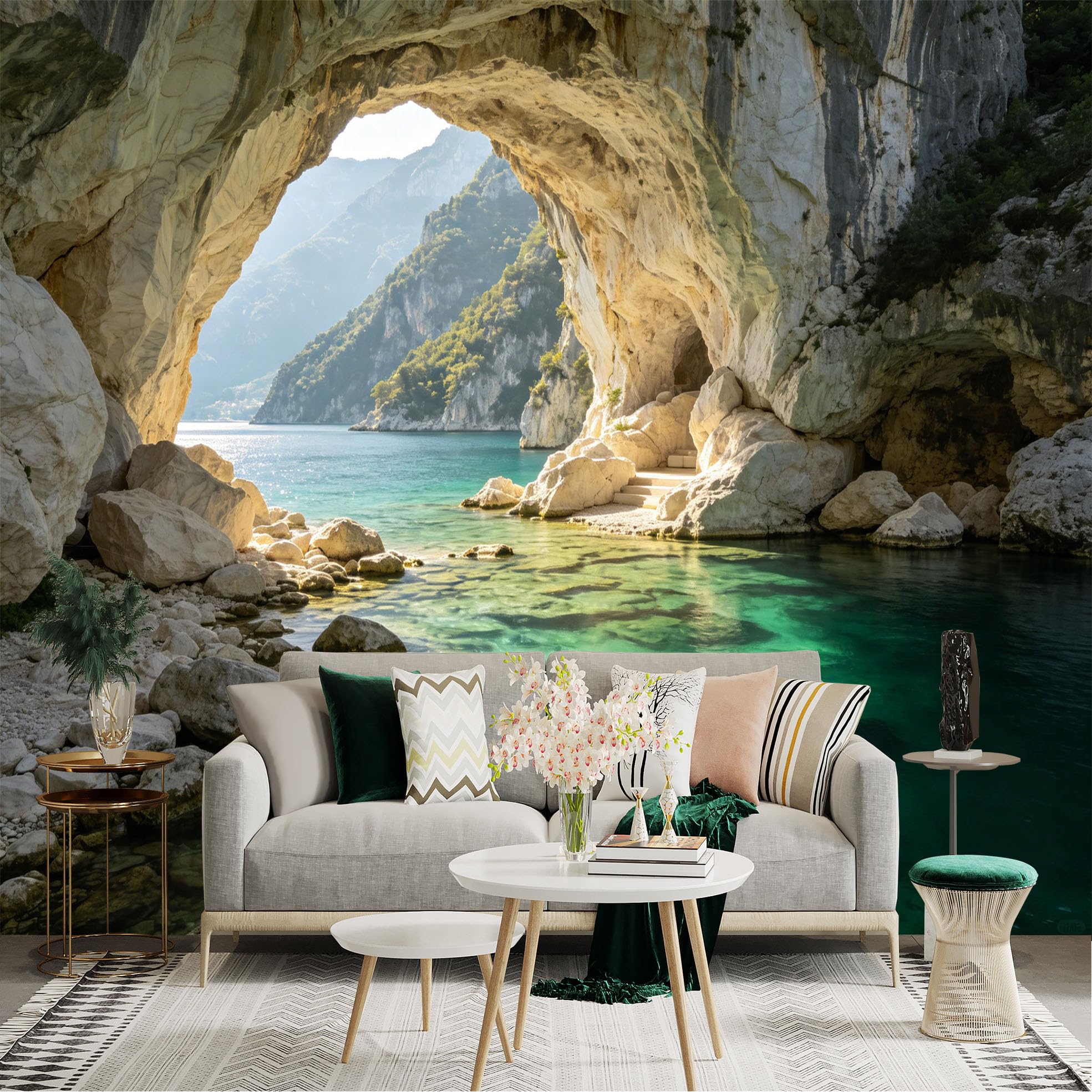 Lnzczhyre Dbh260521350 Custom Size Wall Sticker Mural， Natural Sea Cave With Turquoise Water， Rocky Mountain Landscape， Coastal Scenic View， For Wall Decoration， Peelandstick Wall Decals.