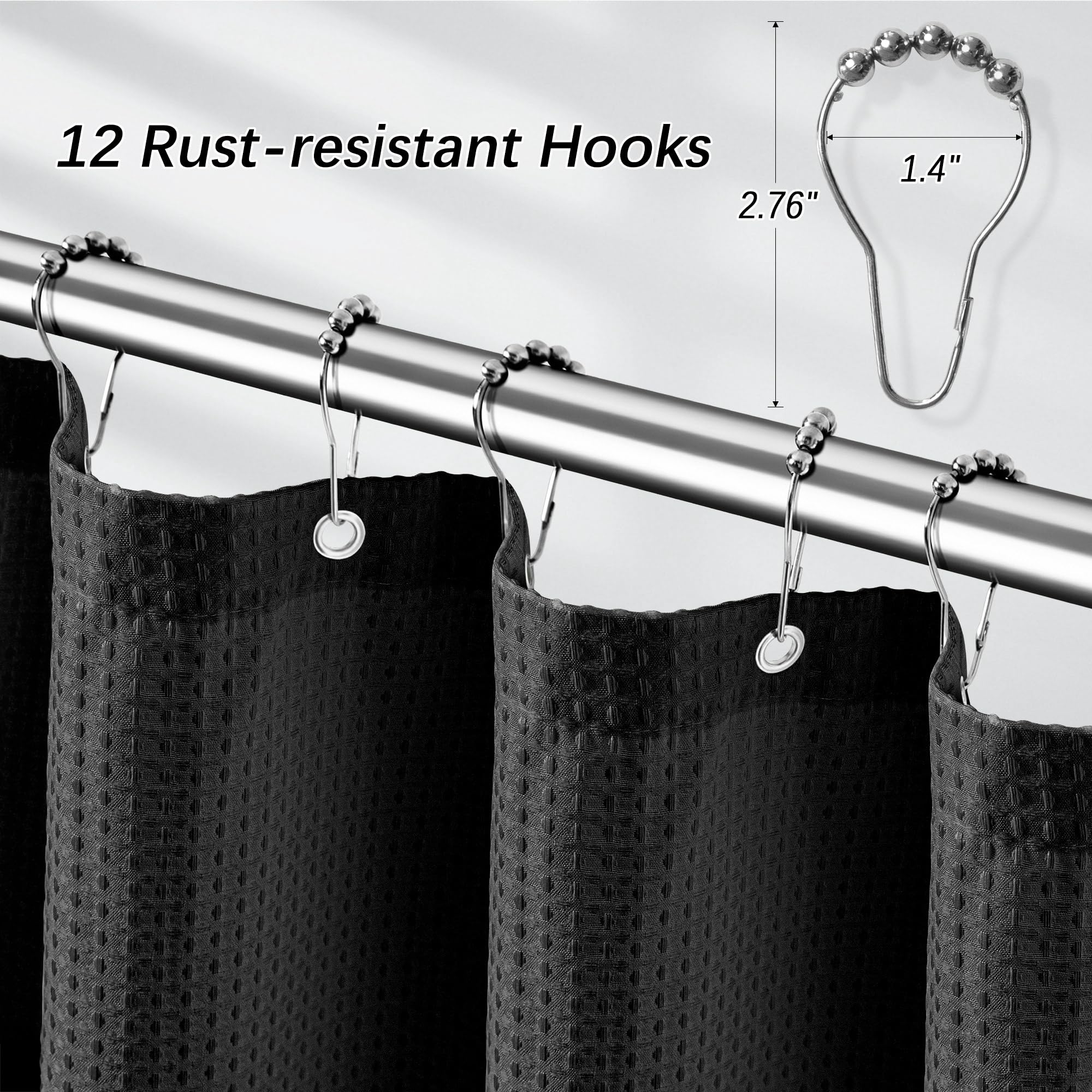 PANGSINNE Black Shower Curtain 256GSM Heavy Duty Waffle Woven Bathroom Shower Curtains - Image 4