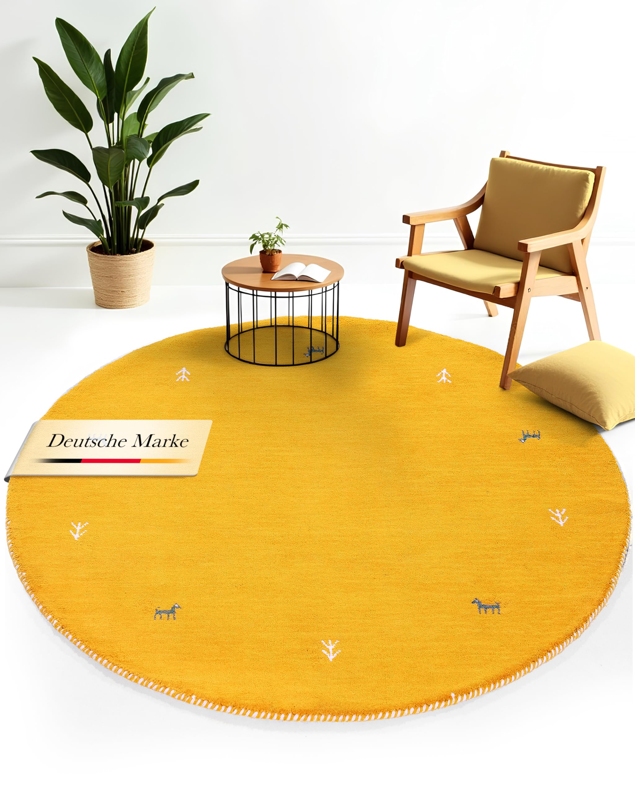 carpetfine Wollteppich Gabbeh Uni Rund Gelb Ø 120 | Moderner Teppich für Wohn- und Schlafzimmer
