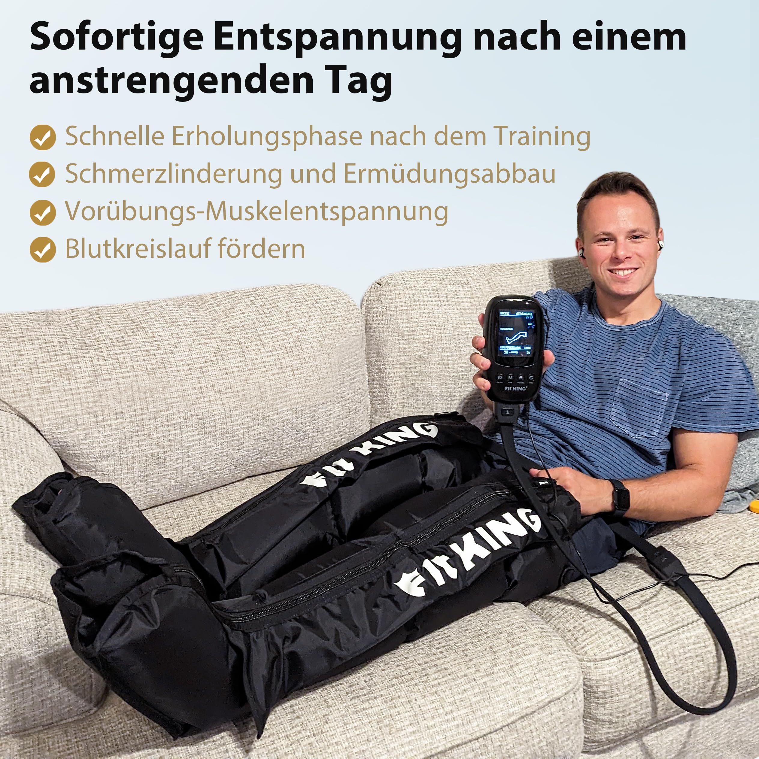 FIT KING Beinmassagegerät mit Luftkompression für Fuß Waden und Oberschenkel Massagegerät für Beine 4 Massagezonen, 3 Modus & 8 Intensitätsstufen ideal zur Muskelentspannung nach dem Sport (Mittel)